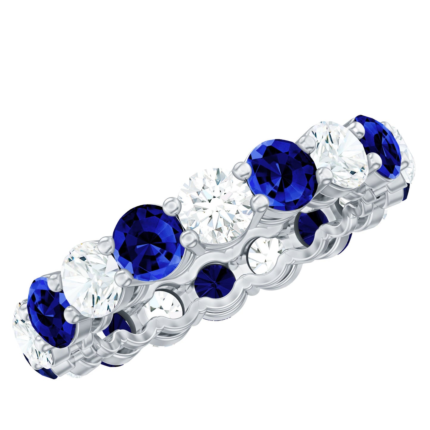 Certified Round Lab Grown Blue Sapphire Eternity Band Ring with Moissanite