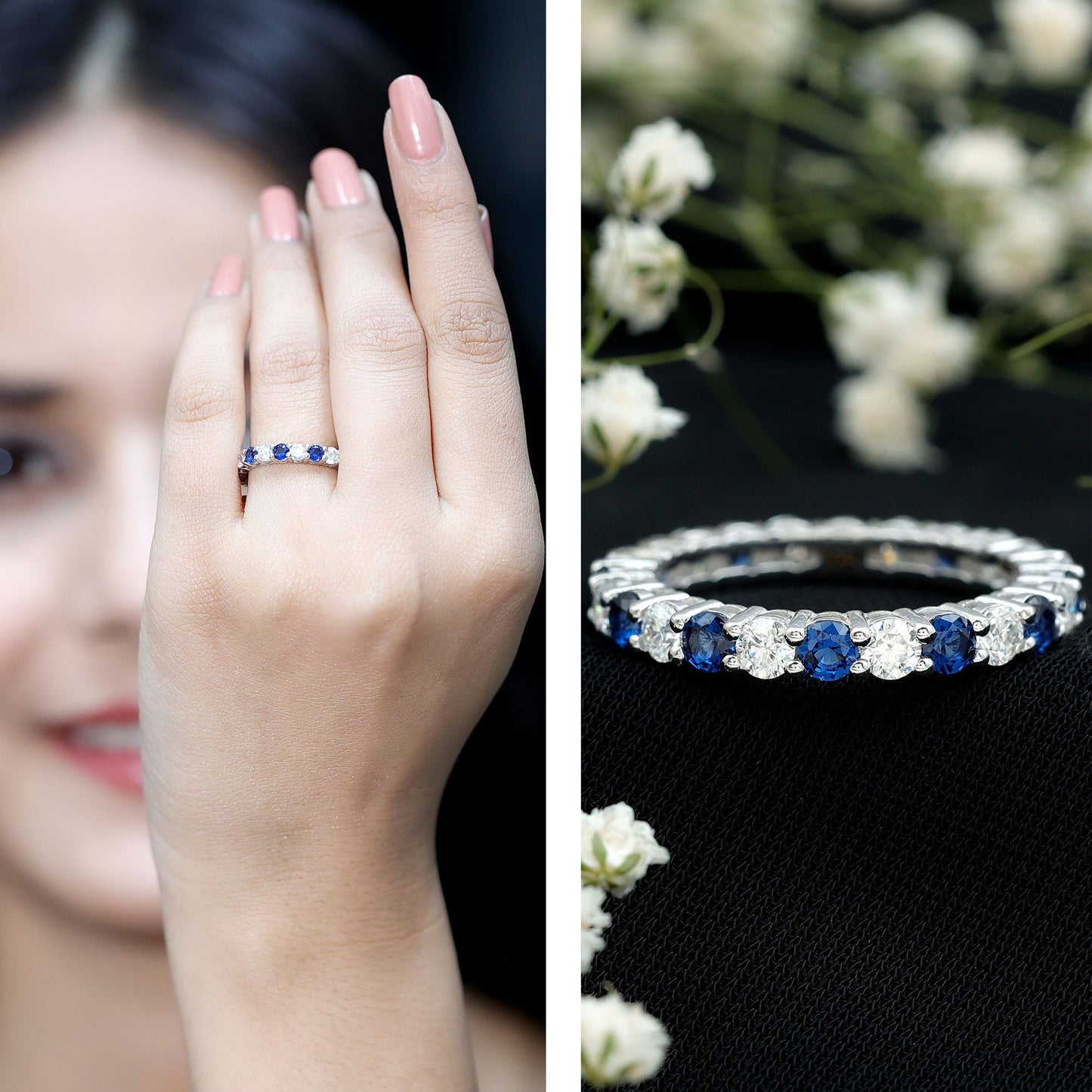 Certified Round Lab Grown Blue Sapphire Eternity Band Ring with Moissanite