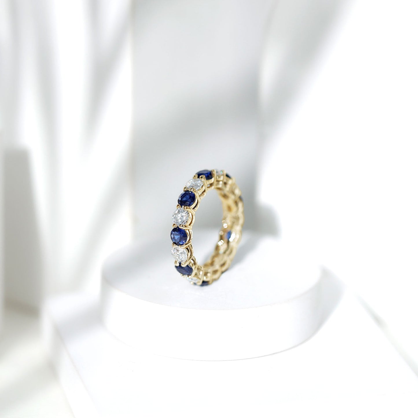 Certified Round Lab Grown Blue Sapphire Eternity Band Ring with Moissanite