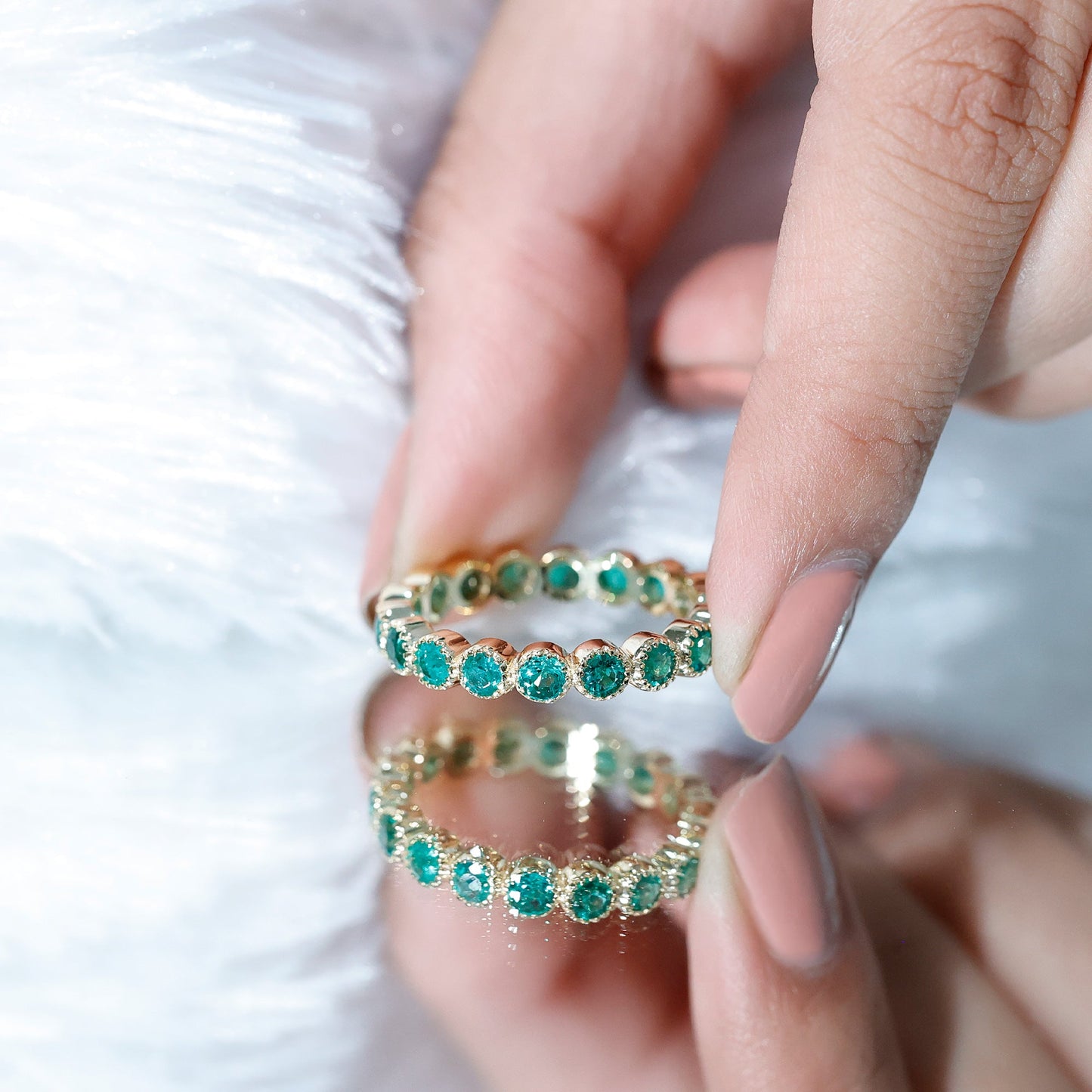 Milgrain Bezel Set Round Emerald Eternity Wedding Band