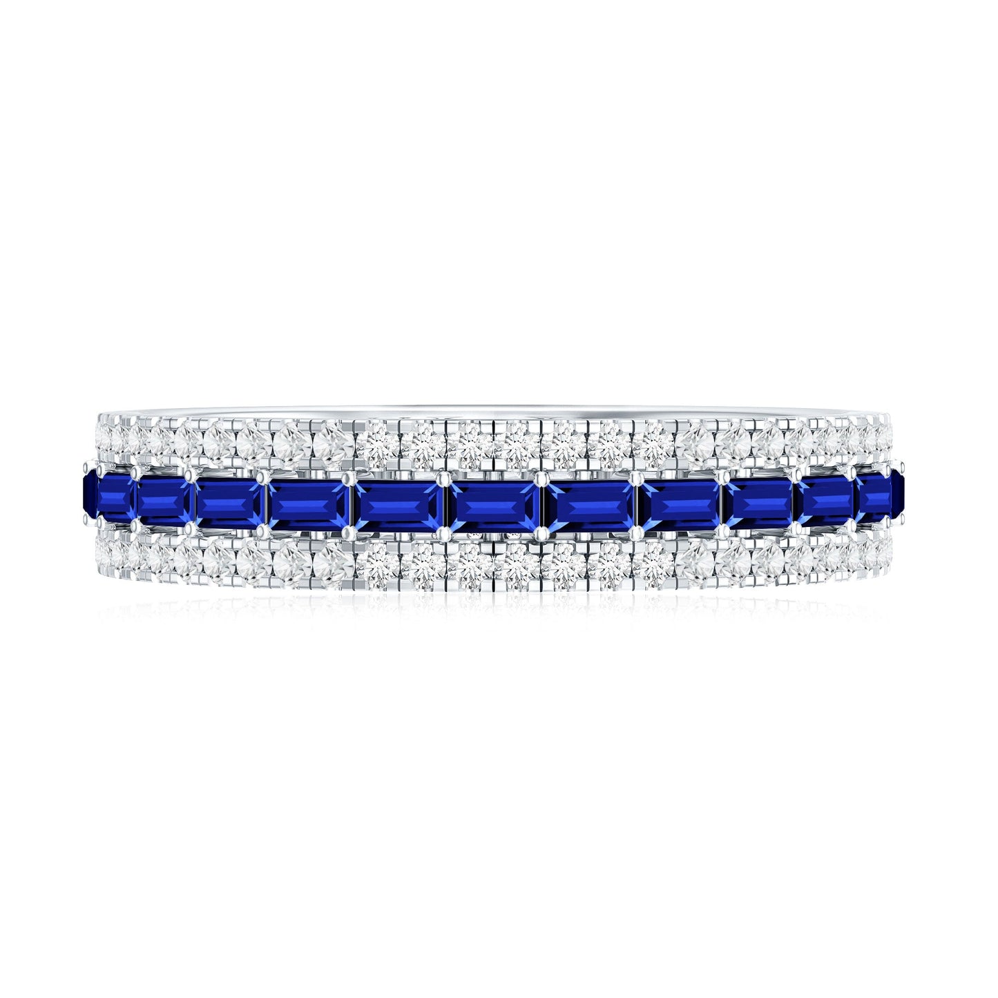 Baguette Cut Lab Grown Blue Sapphire and Moissanite Wedding Band