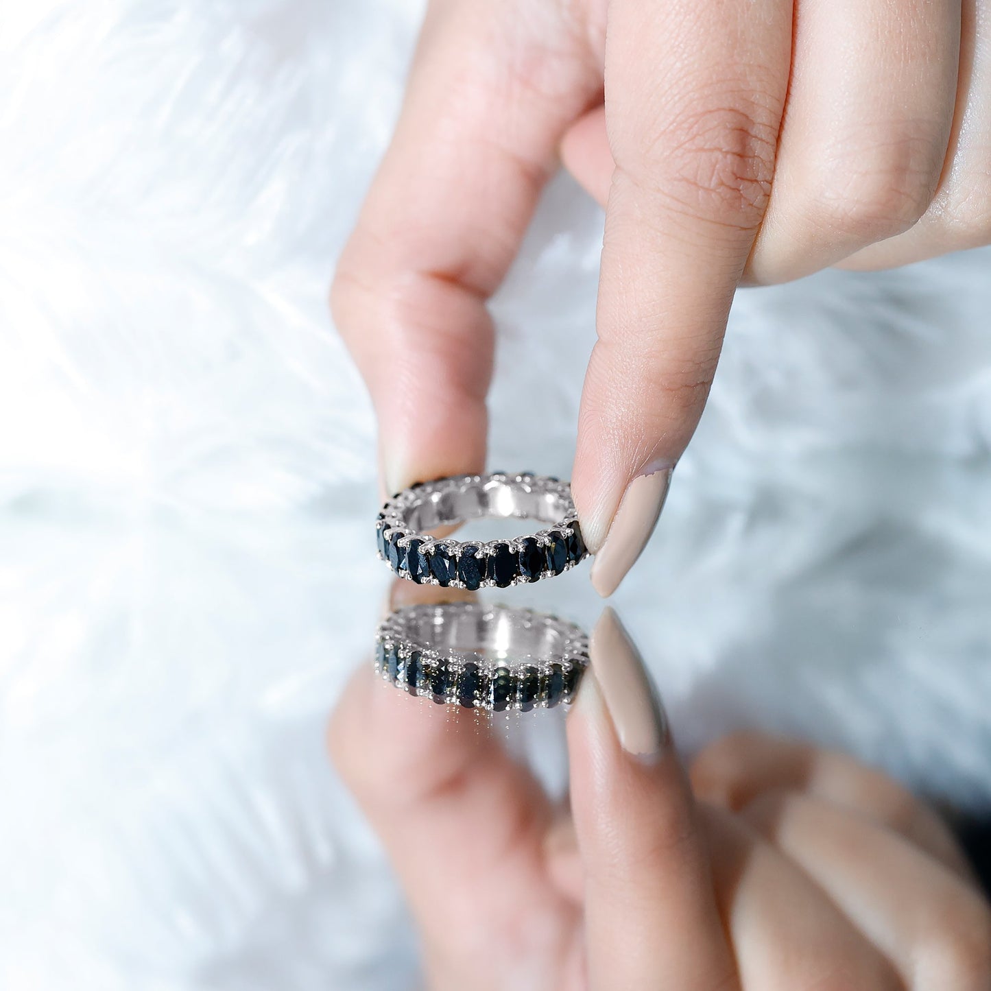 Oval Shaped Black Onyx Wedding Band for Women