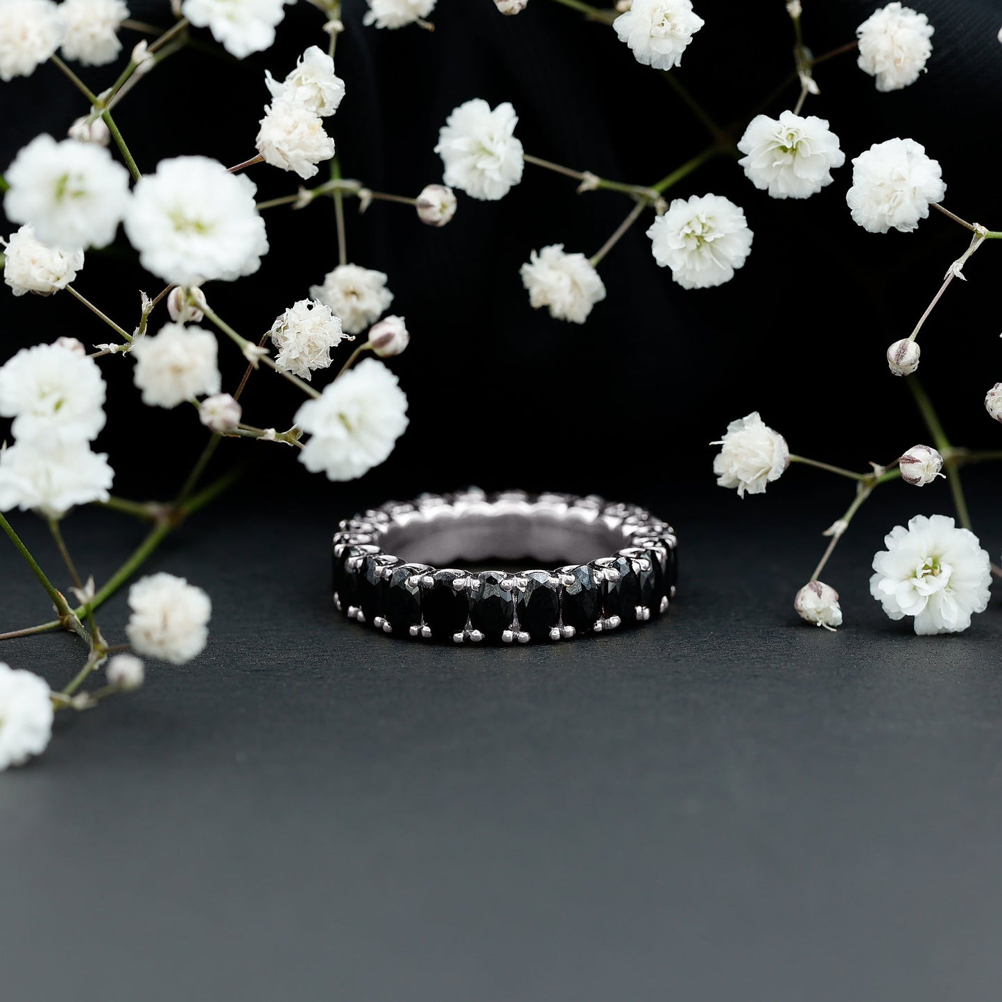 Oval Shaped Black Onyx Wedding Band for Women
