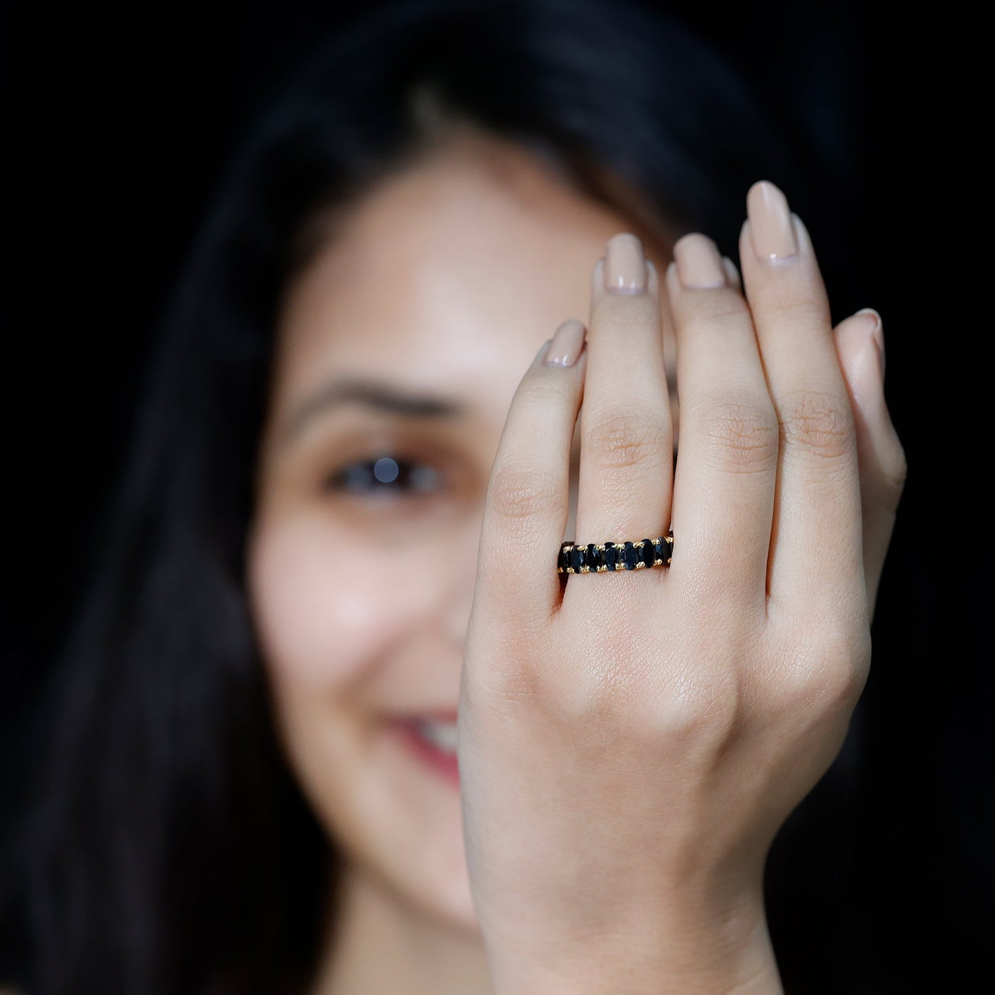 Oval Shaped Black Onyx Wedding Band for Women
