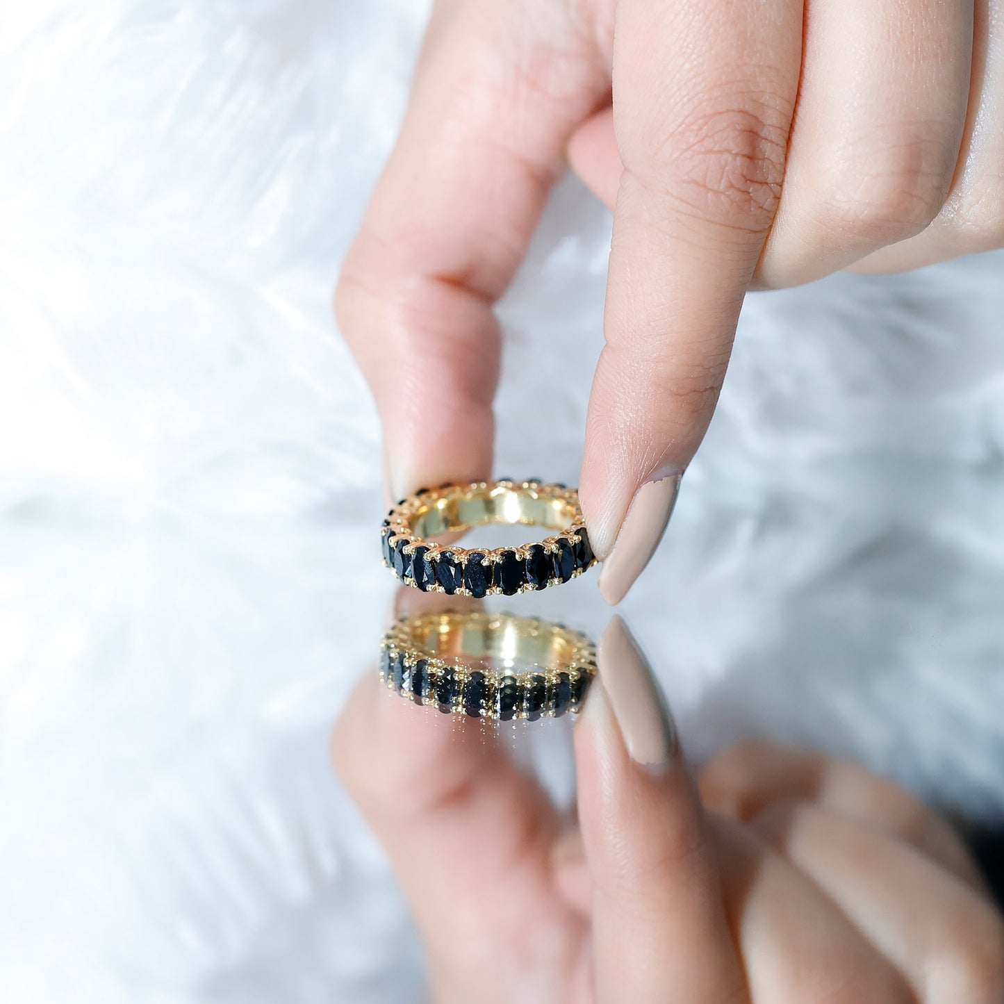 Oval Shaped Black Onyx Wedding Band for Women