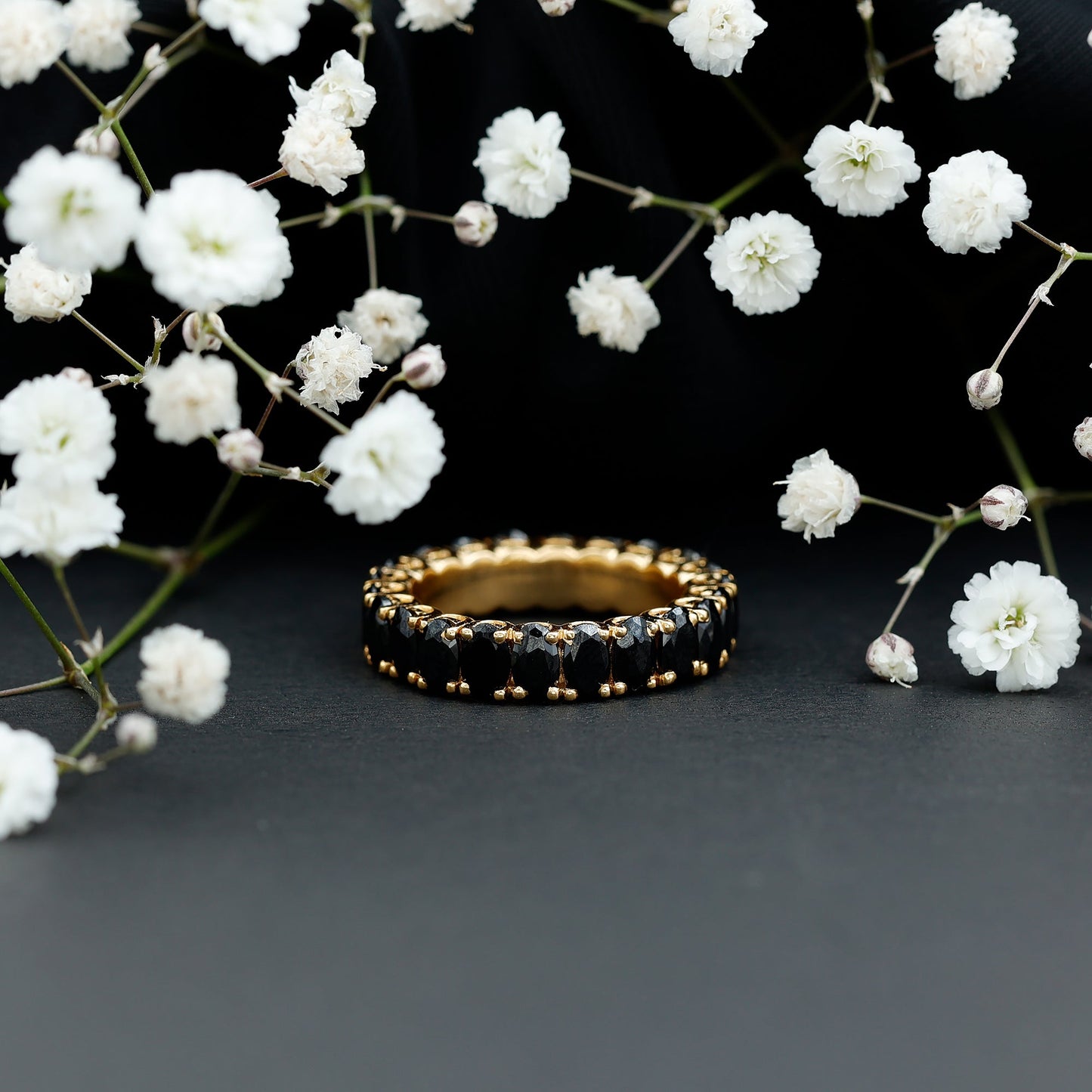 Oval Shaped Black Onyx Wedding Band for Women