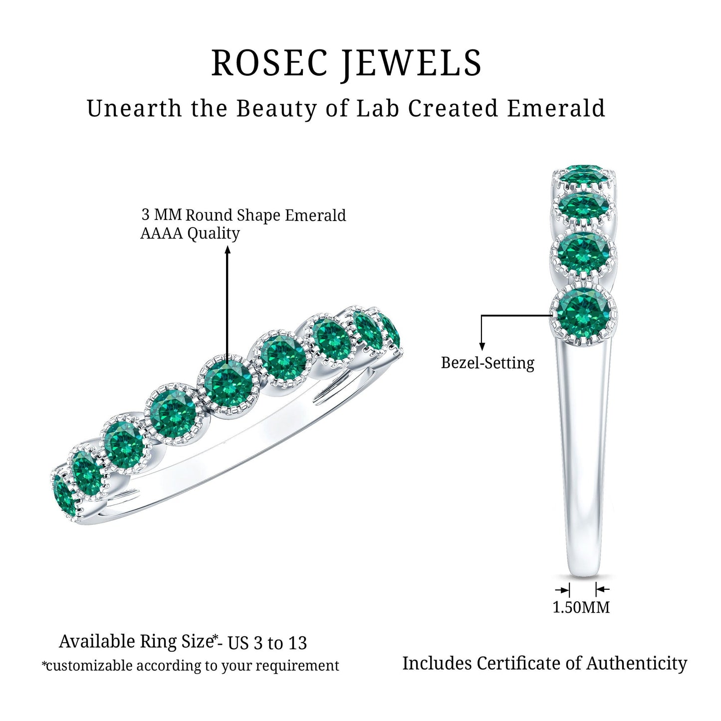 Certified Lab Created Emerald Full Eternity Band Ring in Bezel Setting