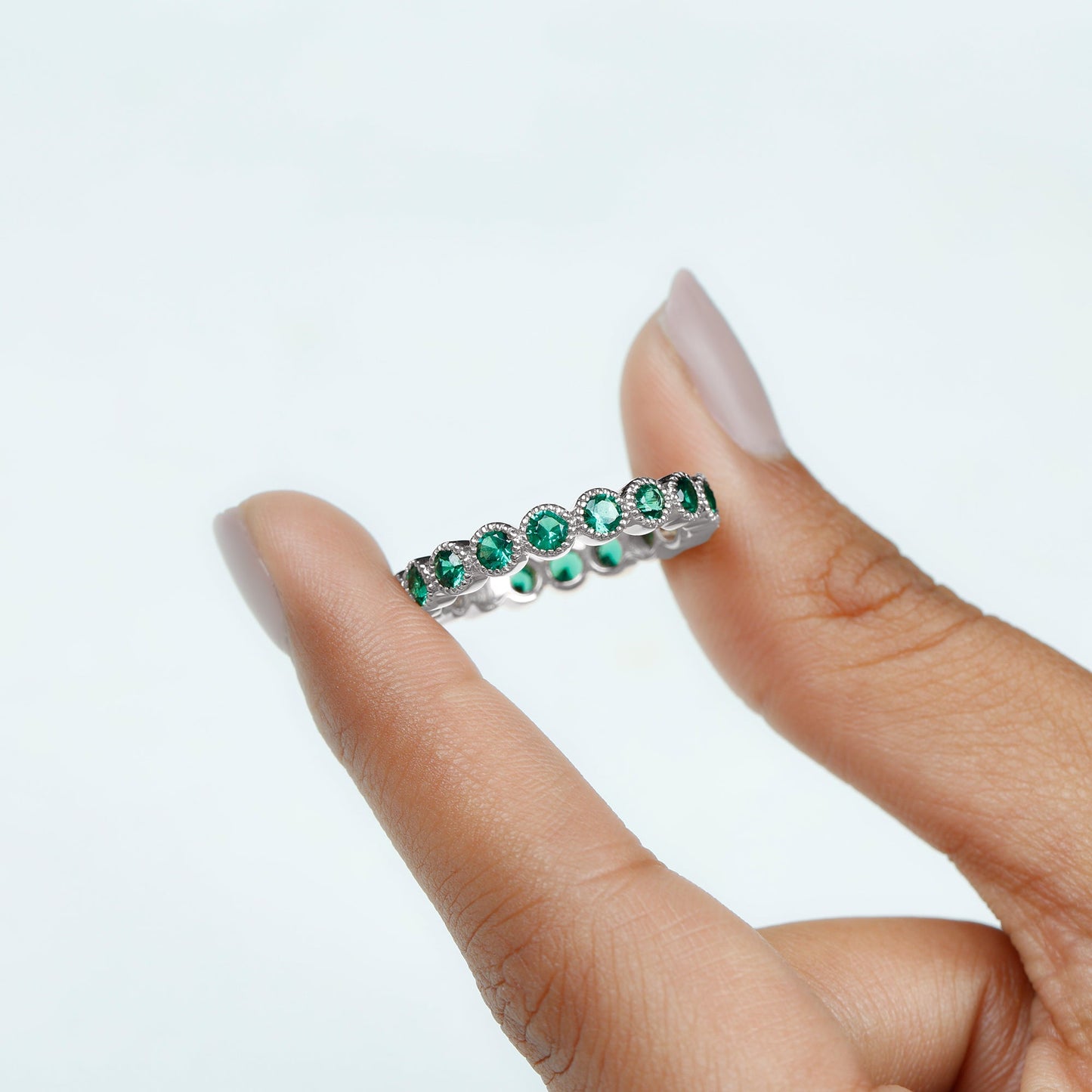 Certified Lab Created Emerald Full Eternity Band Ring in Bezel Setting