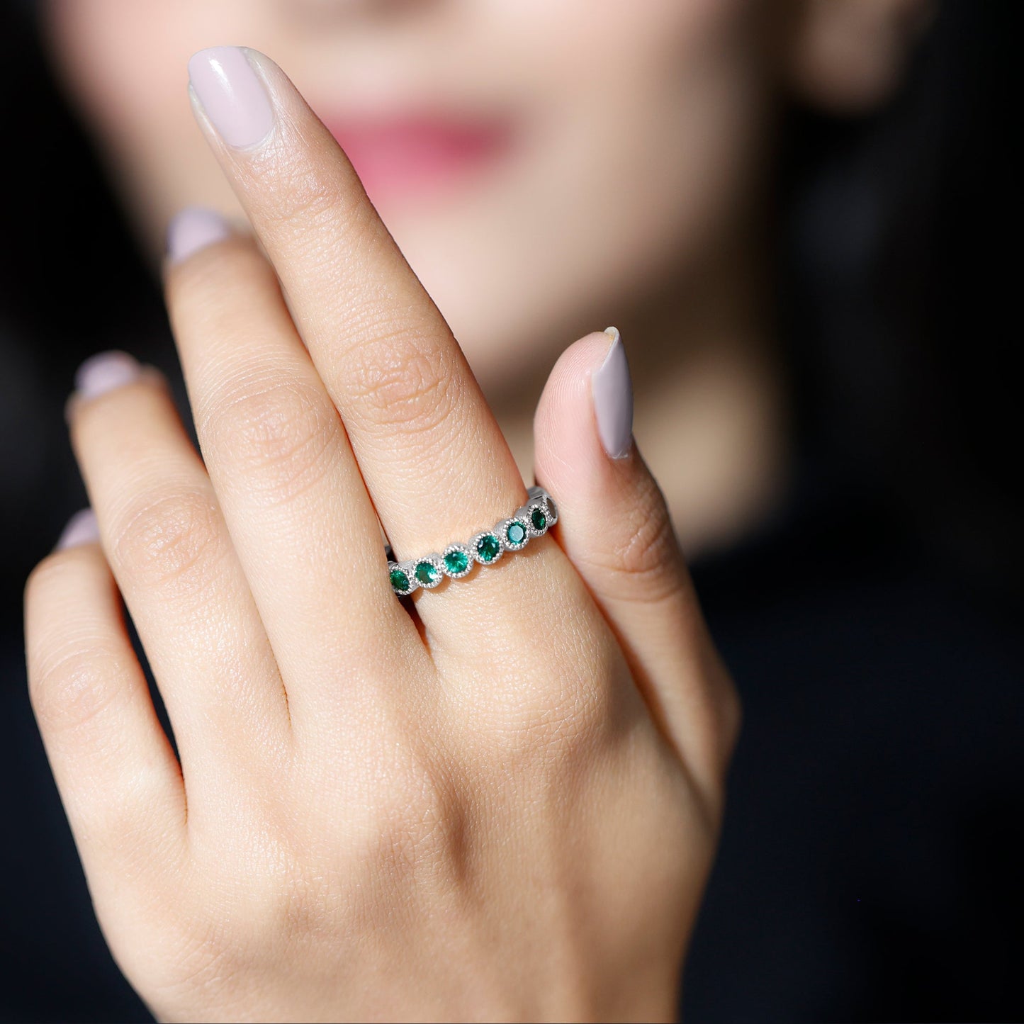 Certified Lab Created Emerald Full Eternity Band Ring in Bezel Setting