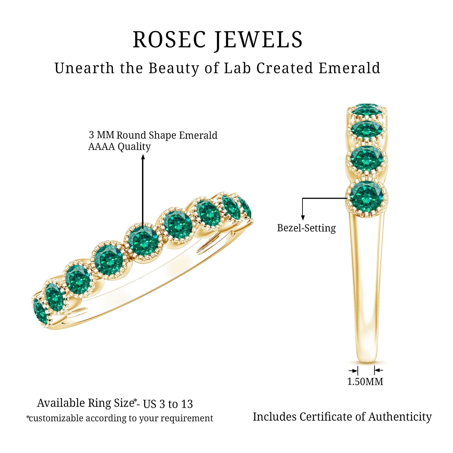Certified Lab Created Emerald Full Eternity Band Ring in Bezel Setting