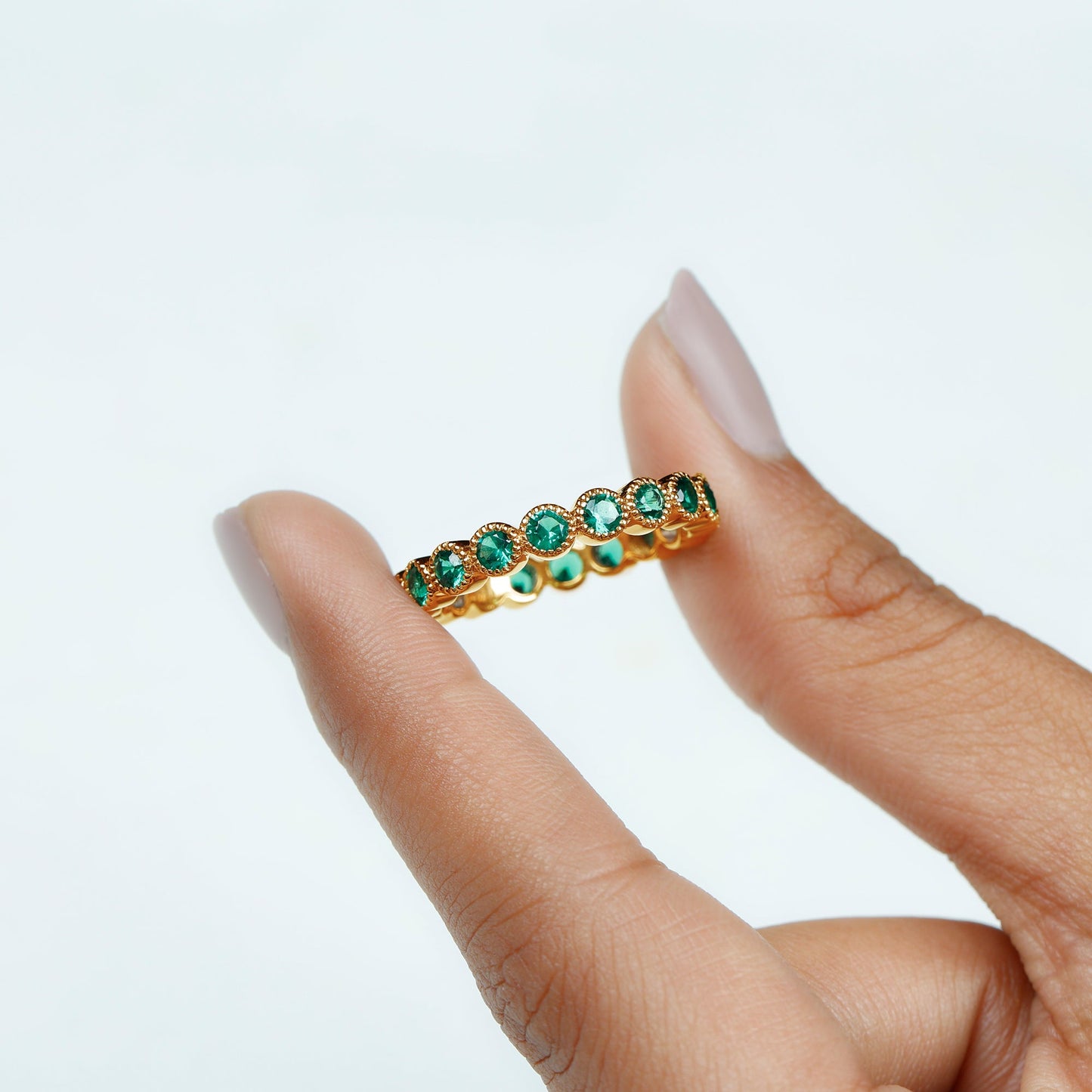 Certified Lab Created Emerald Full Eternity Band Ring in Bezel Setting