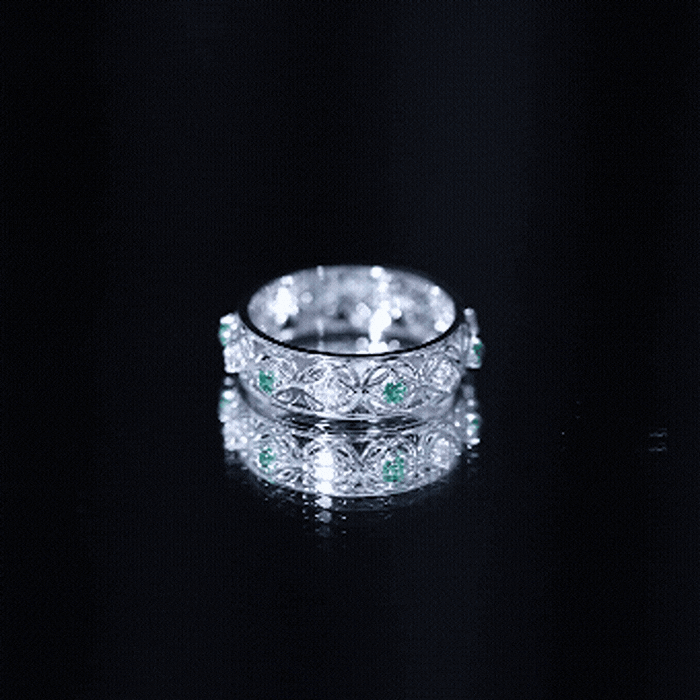 Lab Emerald and Diamond Vintage Wedding Band Ring