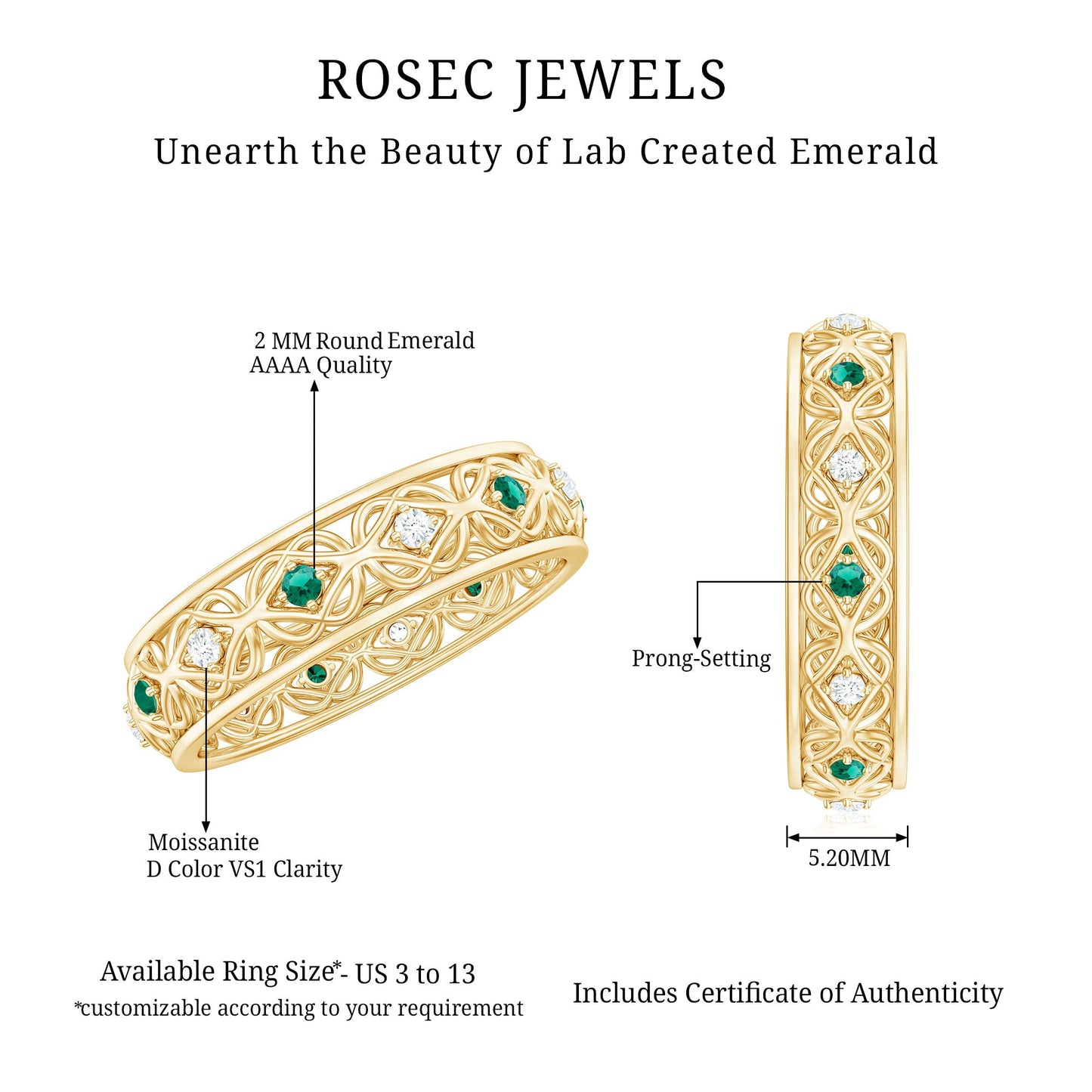 Lab Emerald and Diamond Vintage Wedding Band Ring