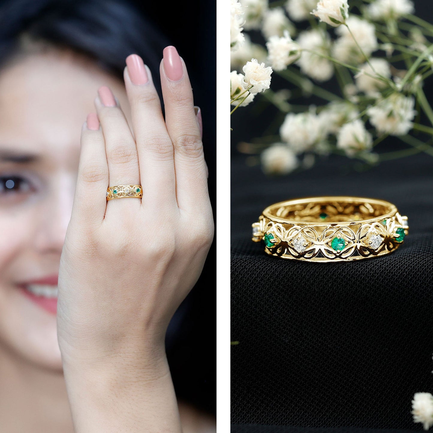 Lab Emerald and Diamond Vintage Wedding Band Ring