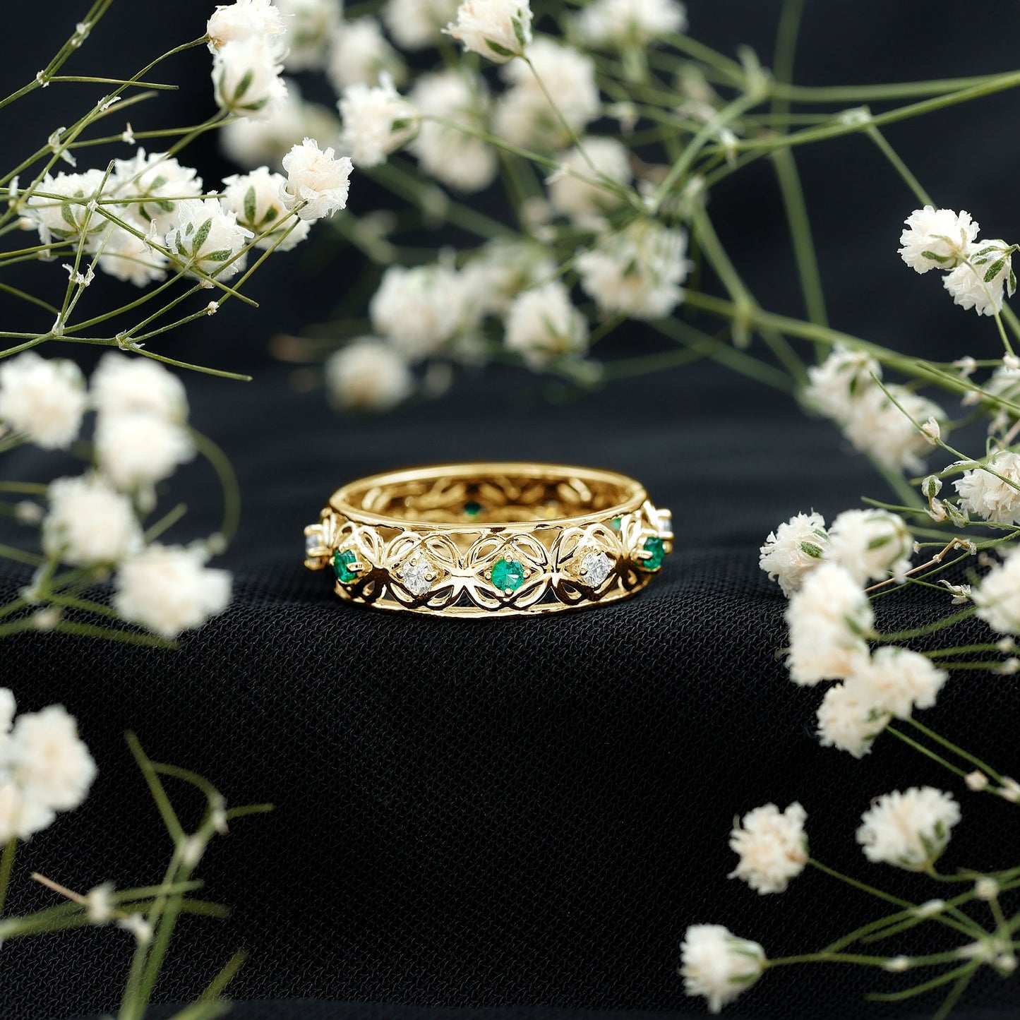 Lab Emerald and Diamond Vintage Wedding Band Ring