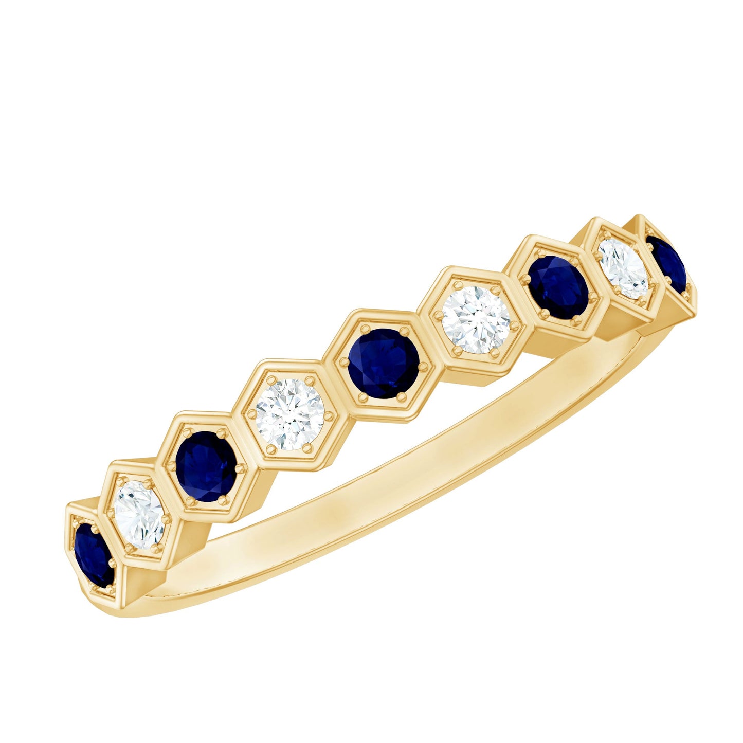 Art Deco Inspired Blue Sapphire and Diamond Geometric Half Eternity Ring