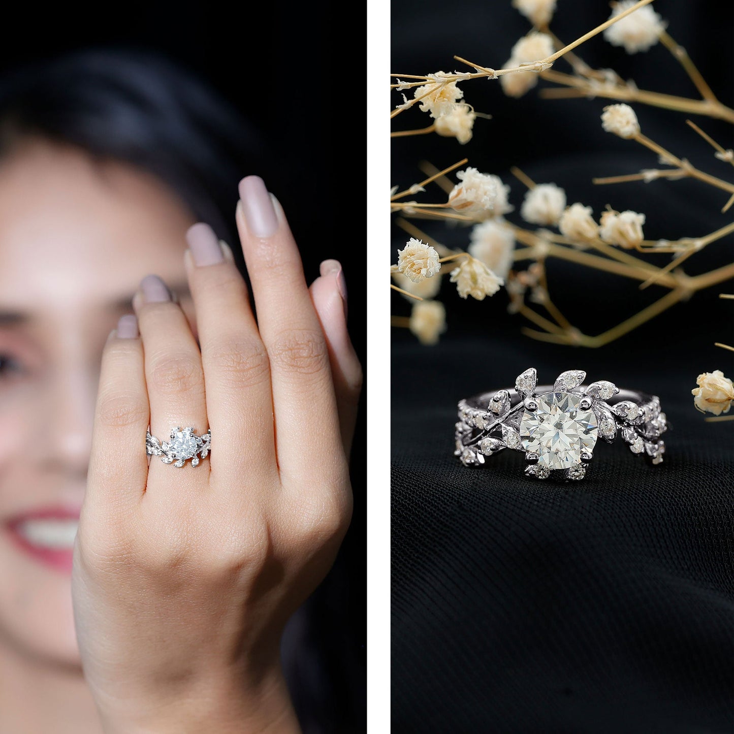 1.3 Carat Round Cut Moissanite Vine Engagement Ring for Women