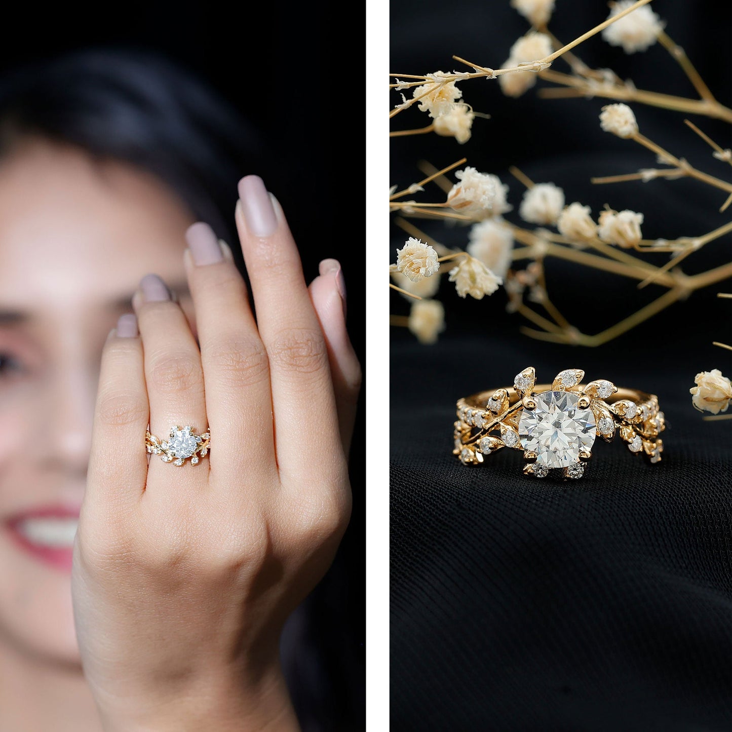 1.3 Carat Round Cut Moissanite Vine Engagement Ring for Women