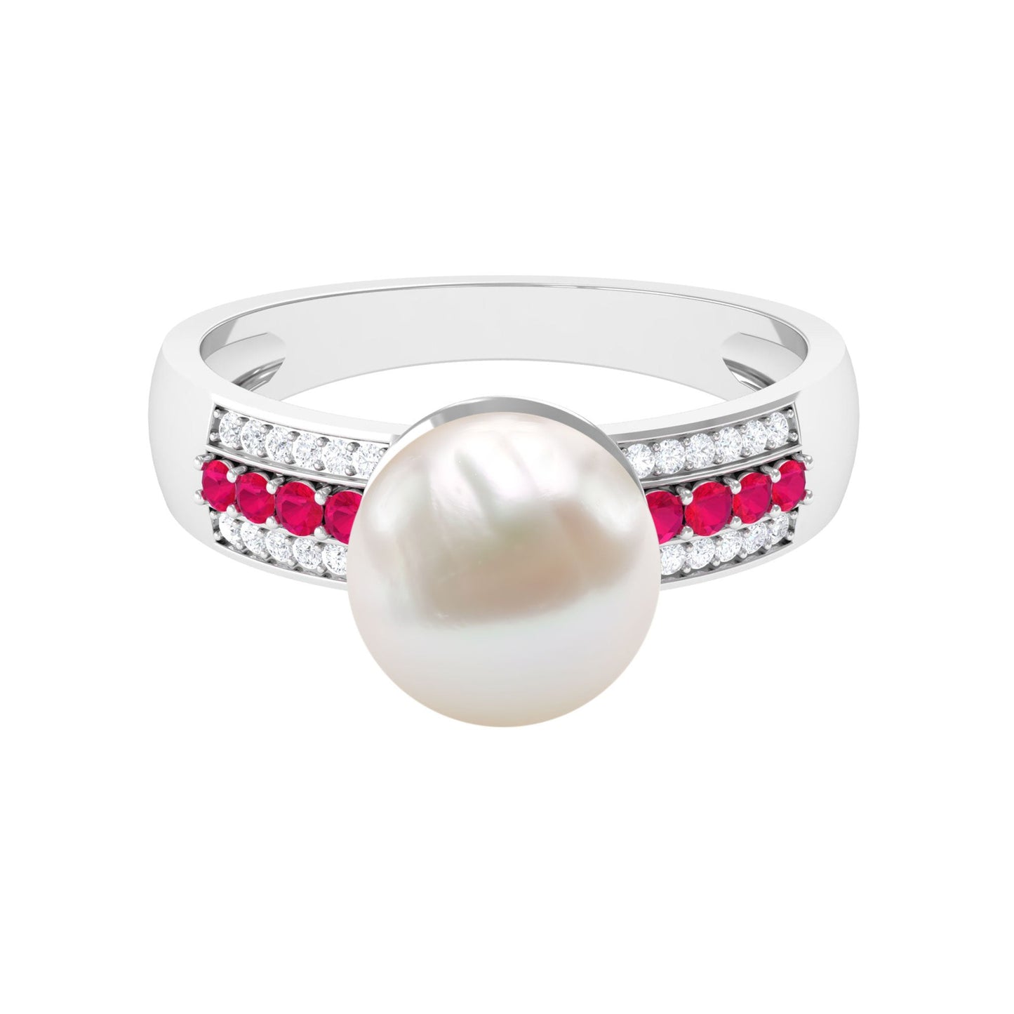 8 Carat Freshwater Pearl Solitaire Engagement Ring with Ruby and Diamond