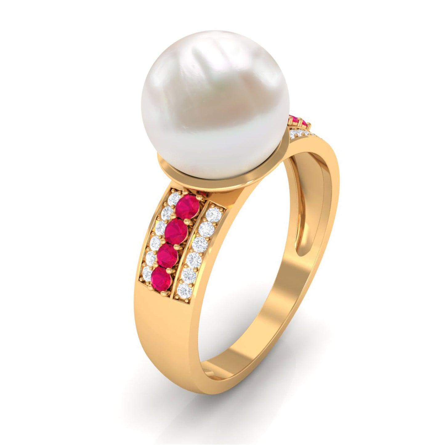 8 Carat Freshwater Pearl Solitaire Engagement Ring with Ruby and Diamond