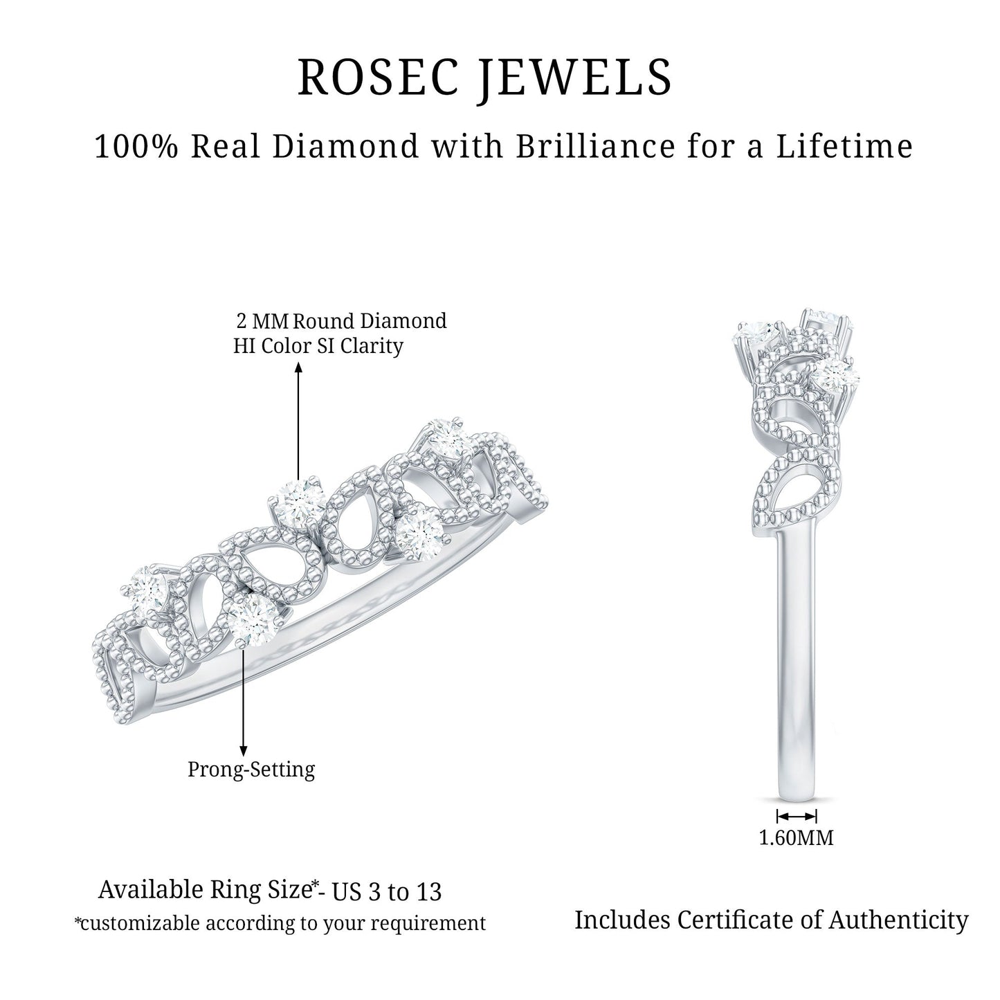 Natural Diamond Half Eternity Band with Beaded Detailing