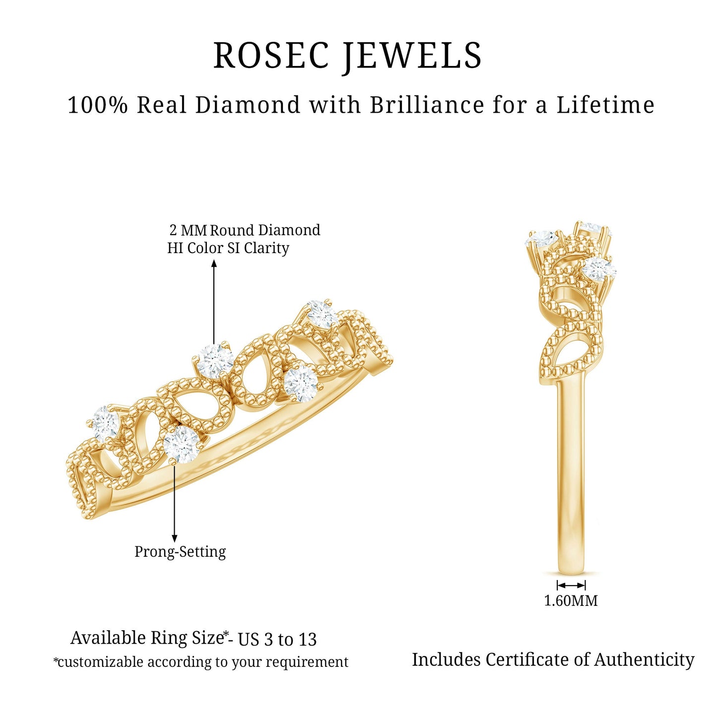 Natural Diamond Half Eternity Band with Beaded Detailing