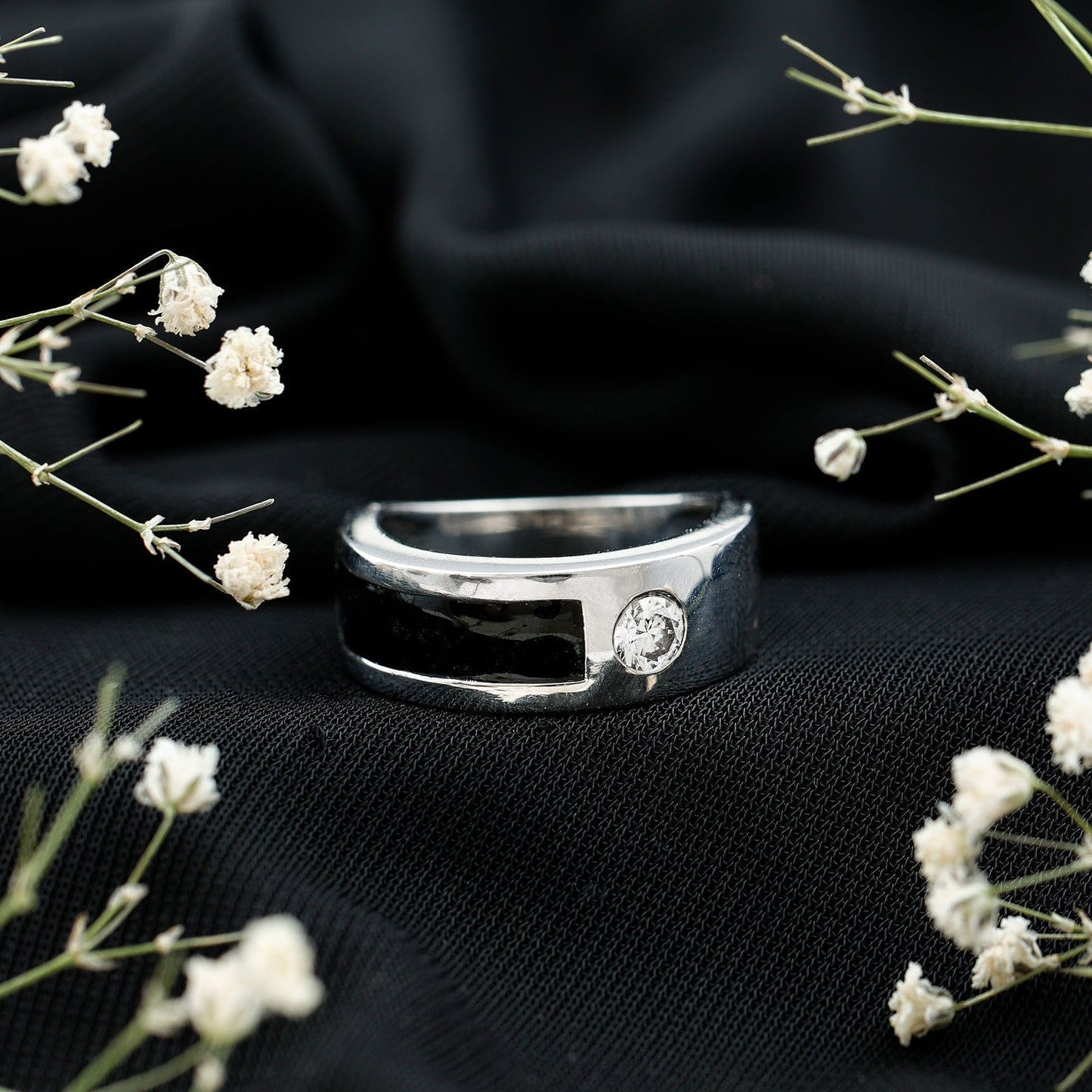 Classic Moissanite Mens Wedding Band with Black Enamel