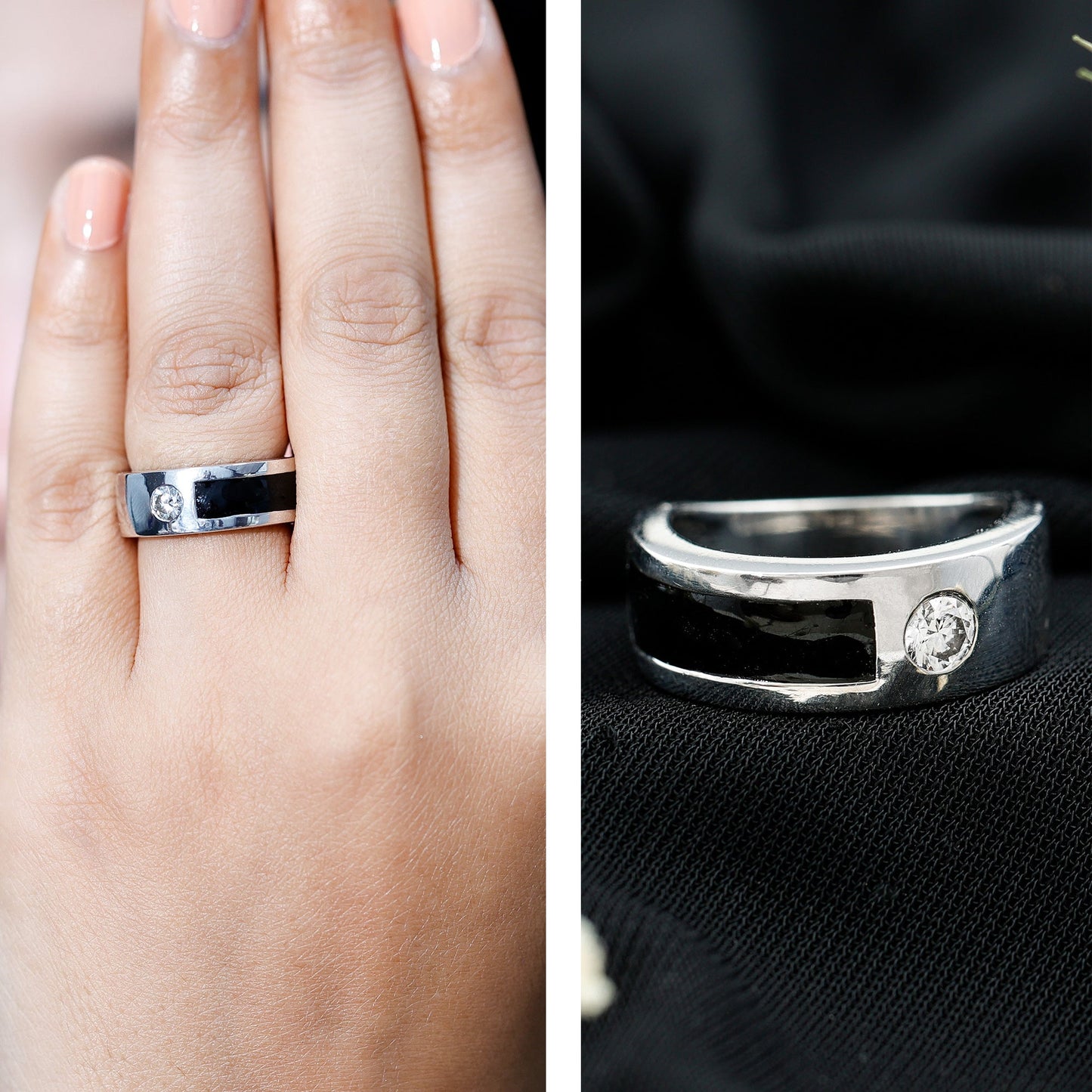 Classic Moissanite Mens Wedding Band with Black Enamel