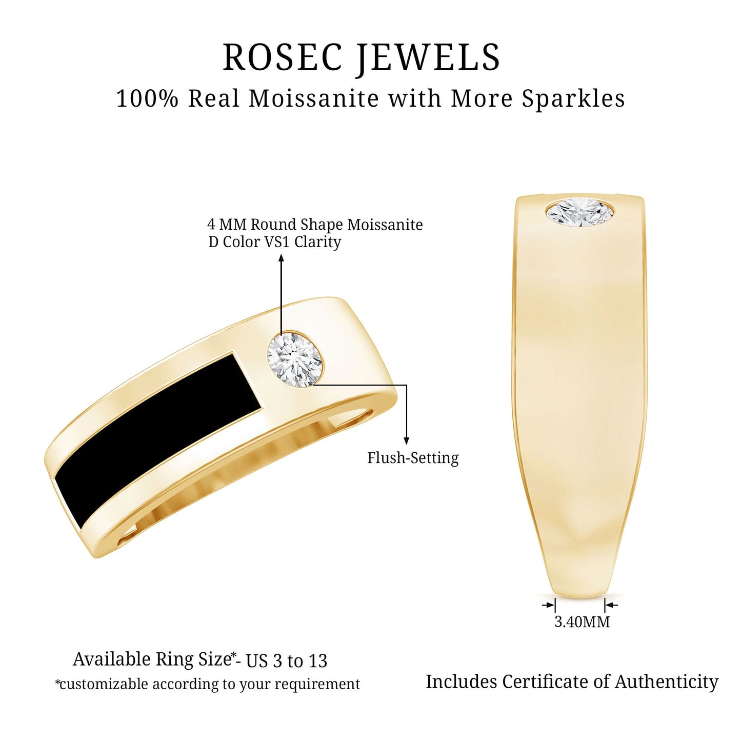 Classic Moissanite Mens Wedding Band with Black Enamel