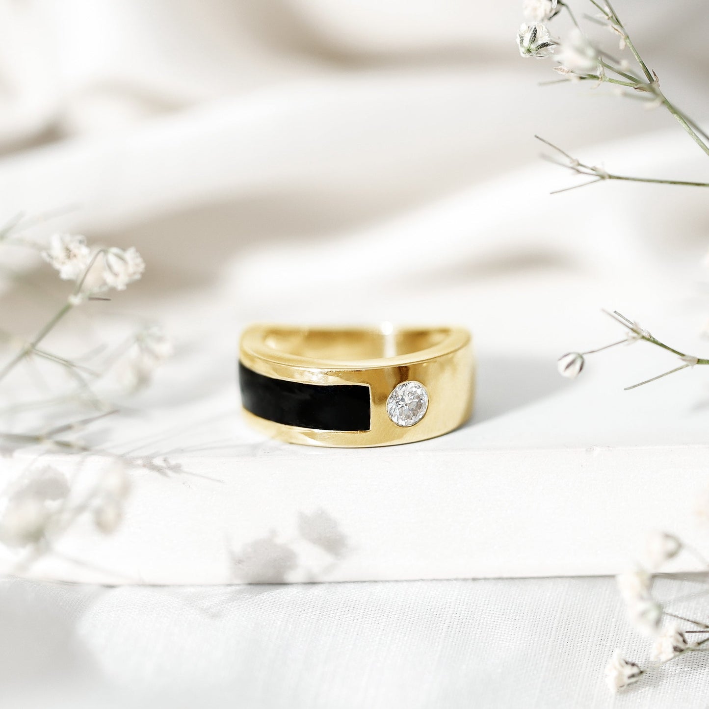 Classic Moissanite Mens Wedding Band with Black Enamel