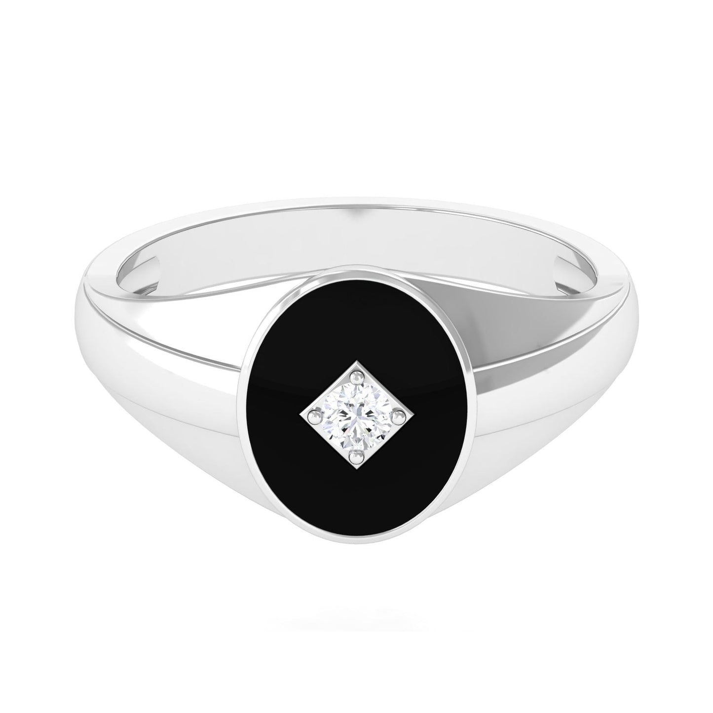 Natural Diamond Mens Signet Engagement Ring with Black Enamel