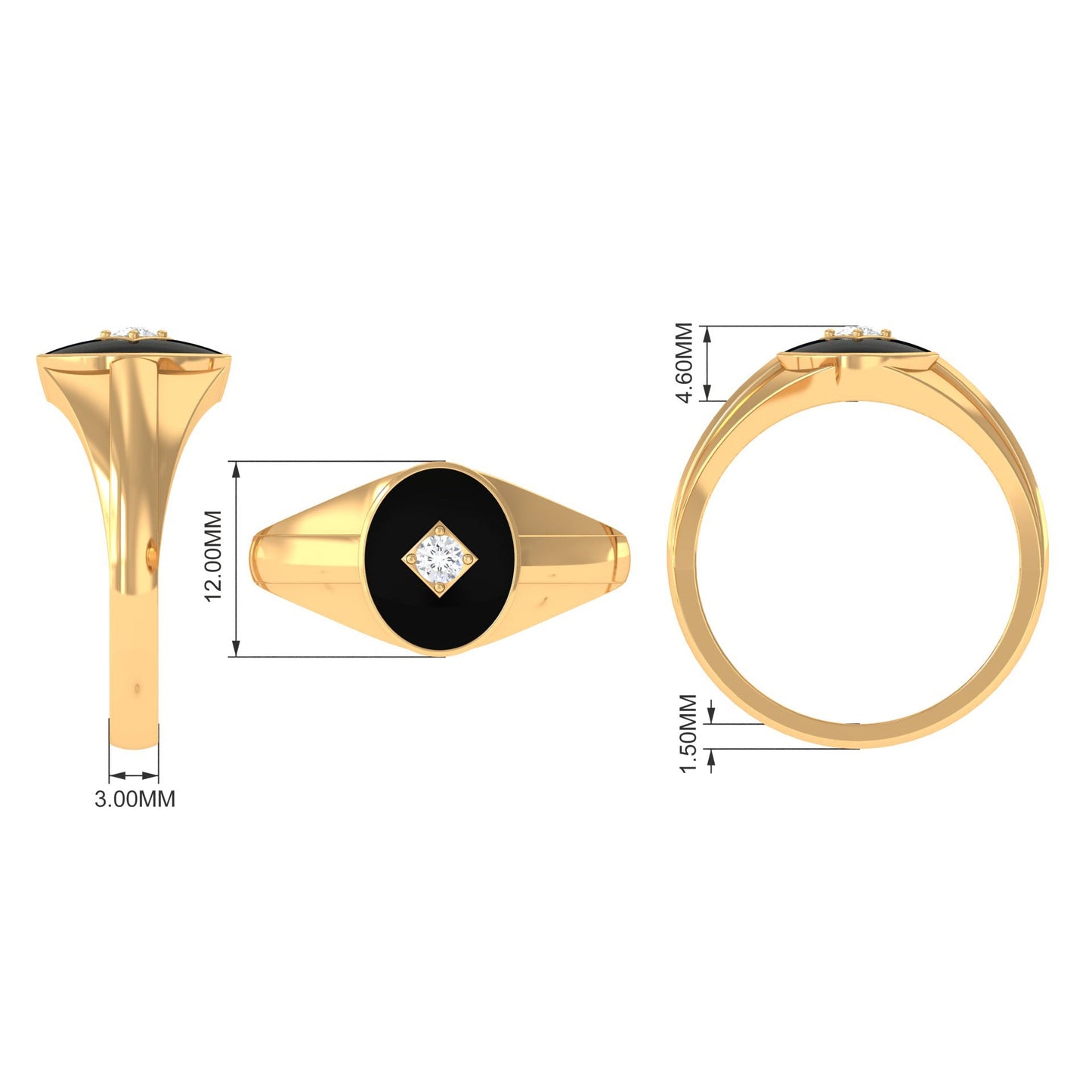 Natural Diamond Mens Signet Engagement Ring with Black Enamel