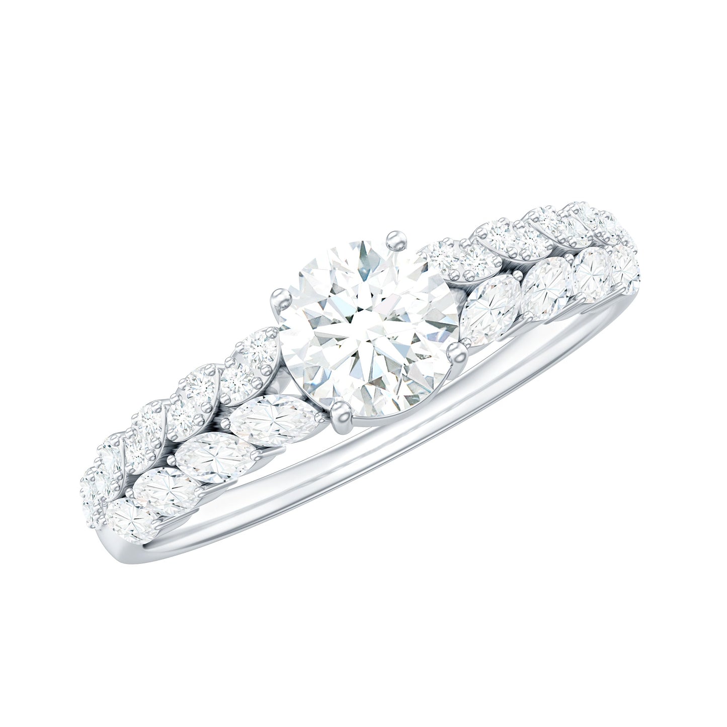 Round Shape Moissanite Engagement Ring with Marquise Side Stones