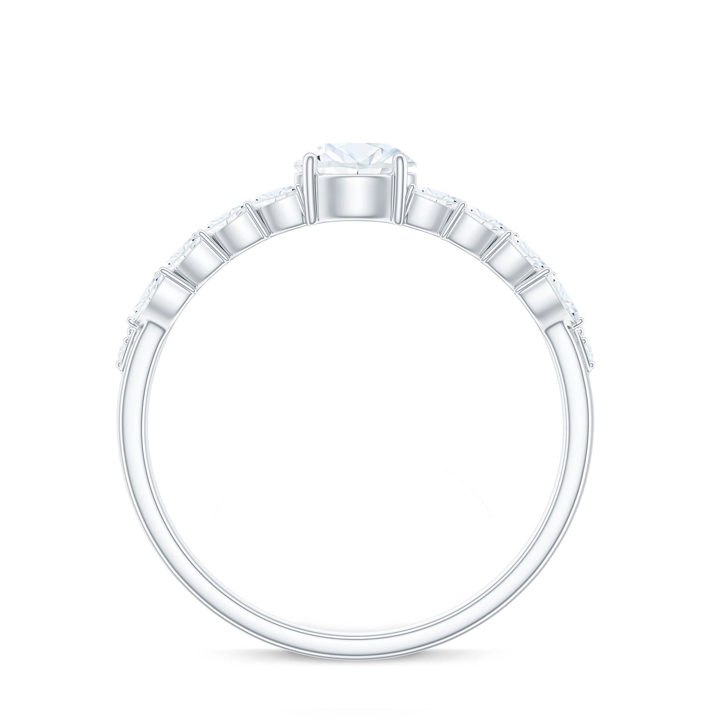 Round Shape Moissanite Engagement Ring with Marquise Side Stones