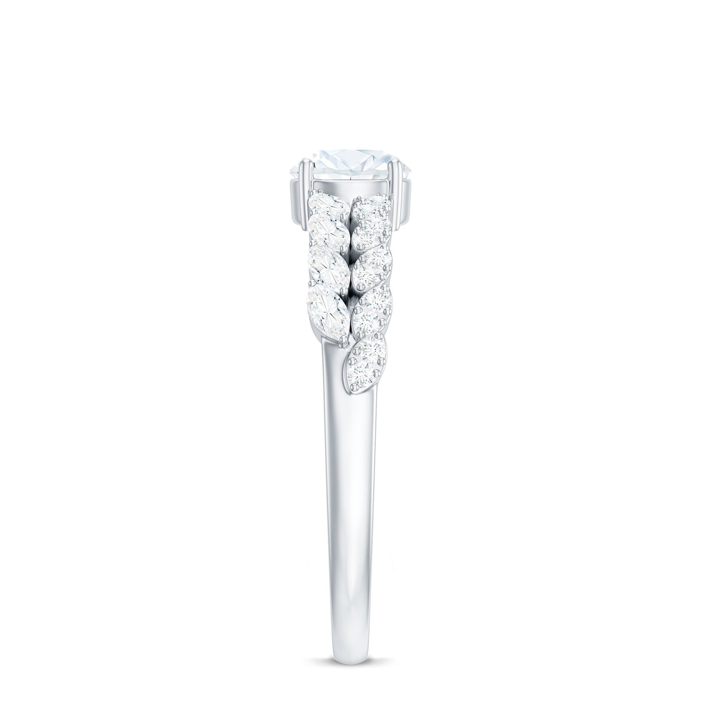 Round Shape Moissanite Engagement Ring with Marquise Side Stones