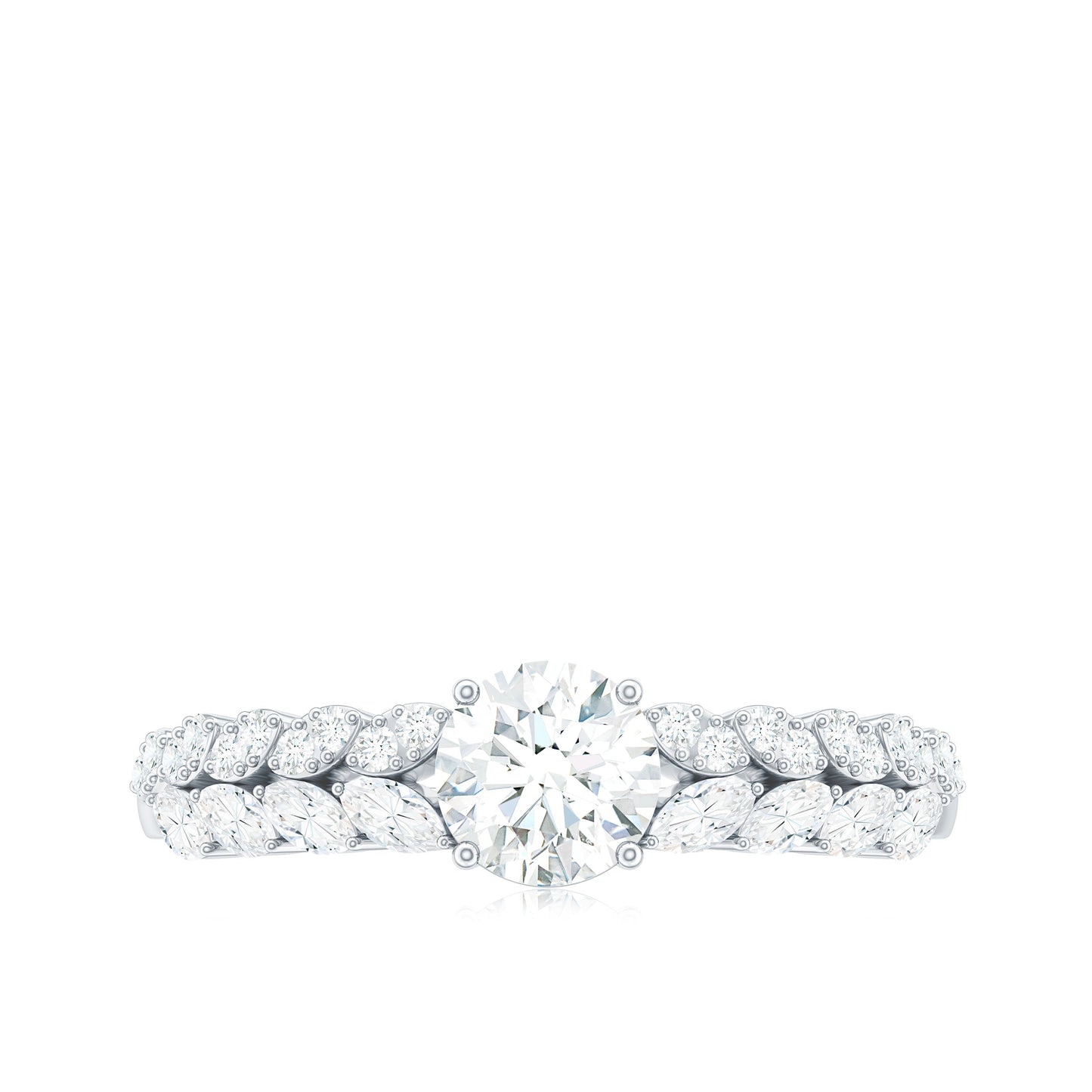 Round Shape Moissanite Engagement Ring with Marquise Side Stones