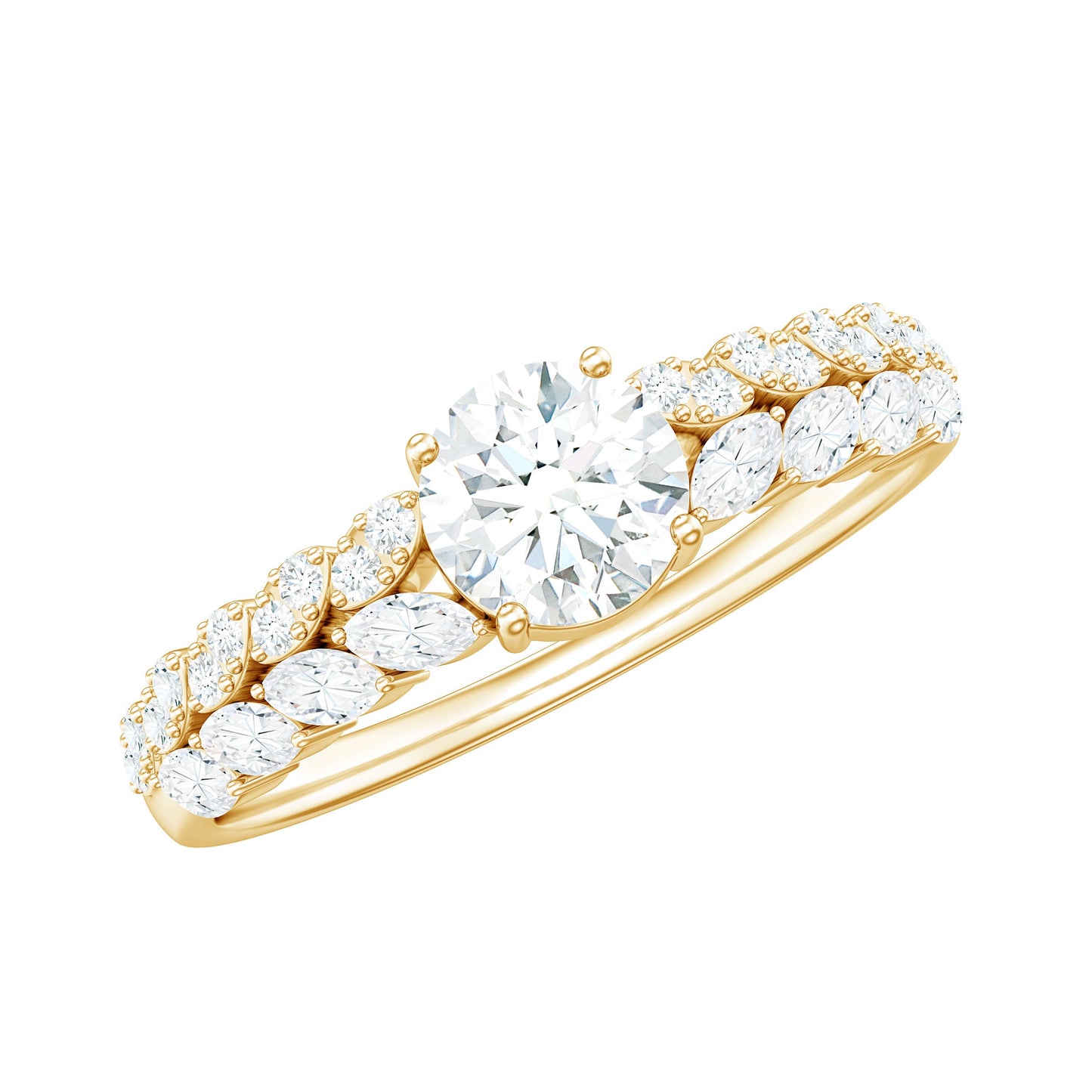 Round Shape Moissanite Engagement Ring with Marquise Side Stones