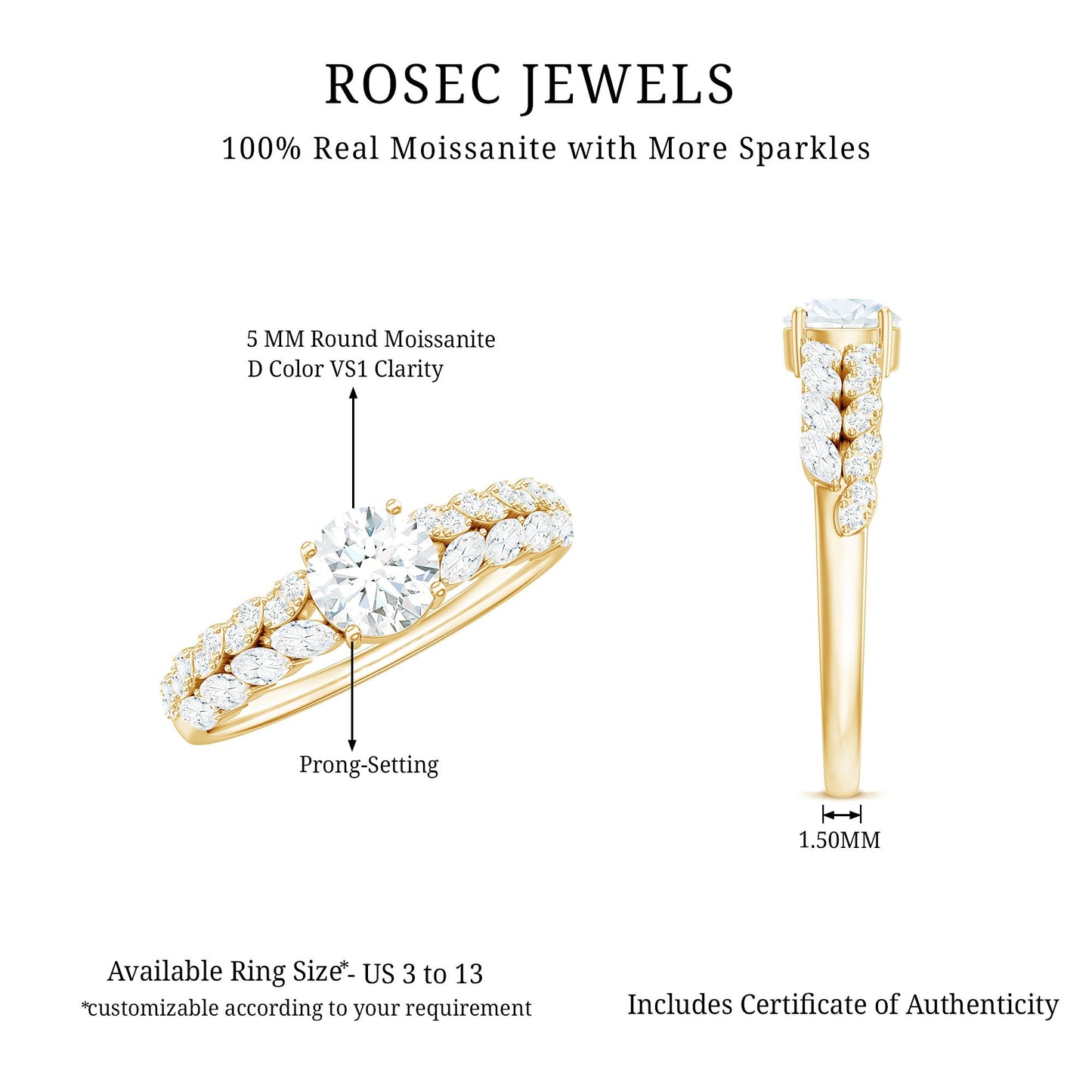 Round Shape Moissanite Engagement Ring with Marquise Side Stones