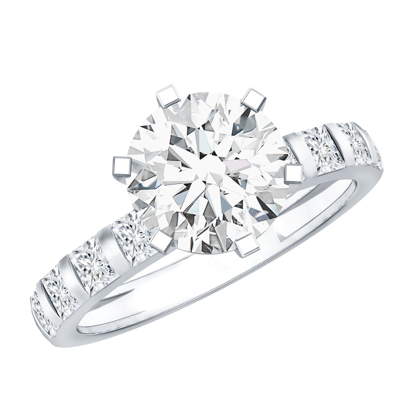 Round Cut 2 CT Moissanite Solitaire Engagement Ring with Side Stones