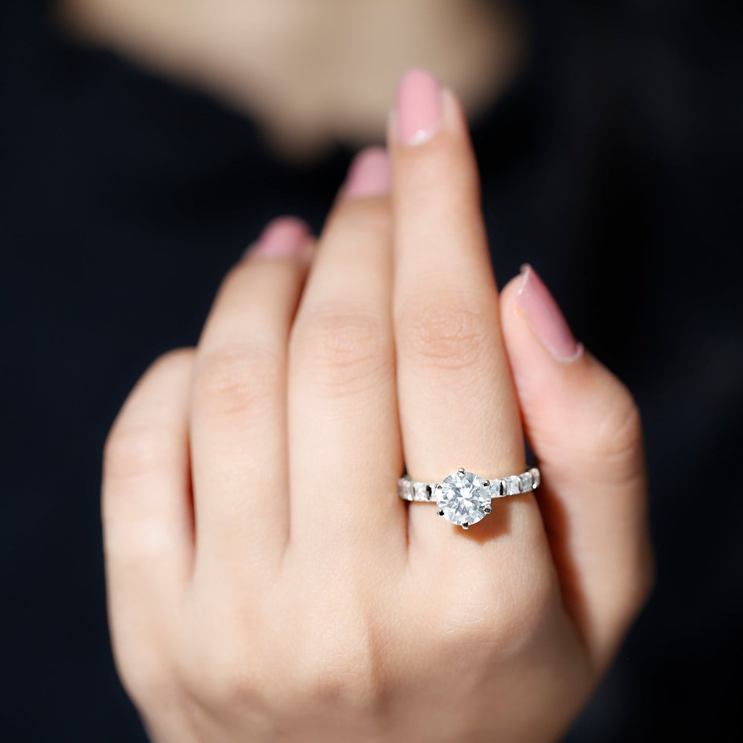 Round Cut 2 CT Moissanite Solitaire Engagement Ring with Side Stones