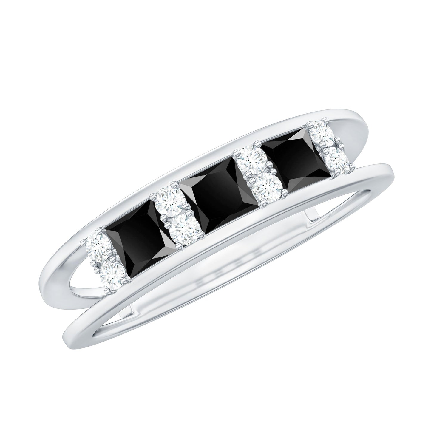 Certified Princess Cut Lab Grown Black and White Diamond Double Band Ring