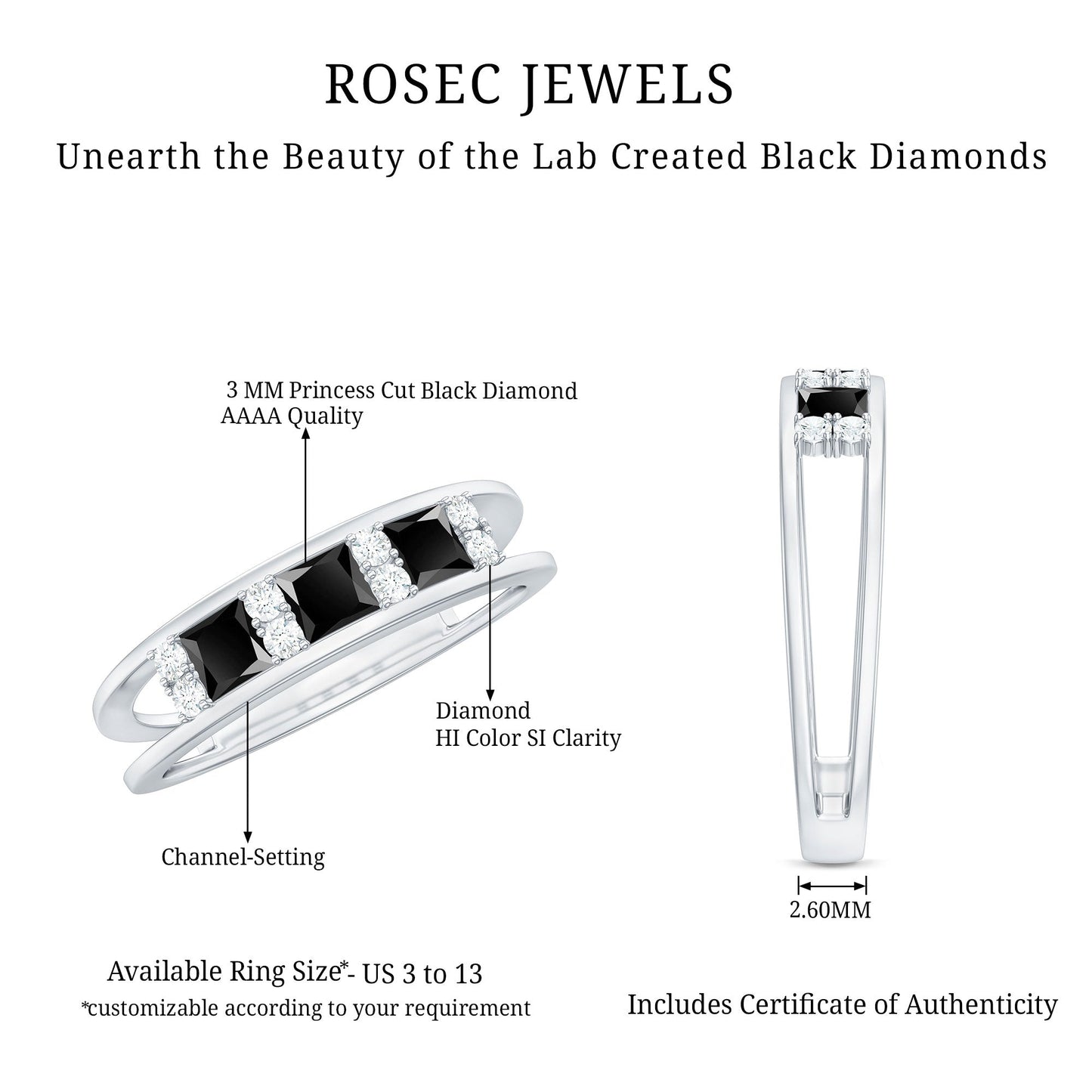 Certified Princess Cut Lab Grown Black and White Diamond Double Band Ring