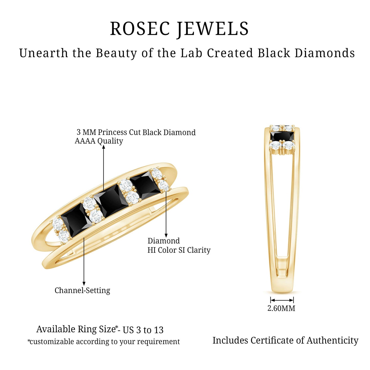 Certified Princess Cut Lab Grown Black and White Diamond Double Band Ring