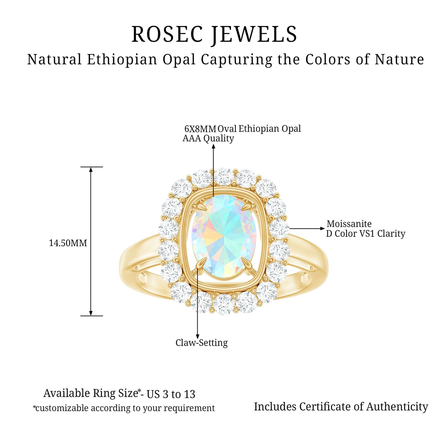 1.2 Carat Oval Cut Ethiopian Opal Halo Engagement Ring with Moissanite