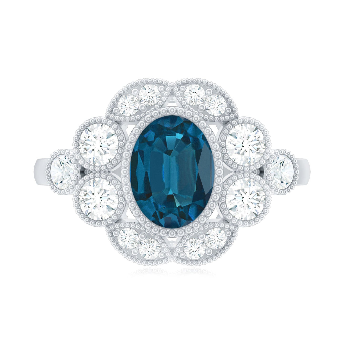 Real Oval London Blue Topaz Vintage Engagement Ring with Diamond