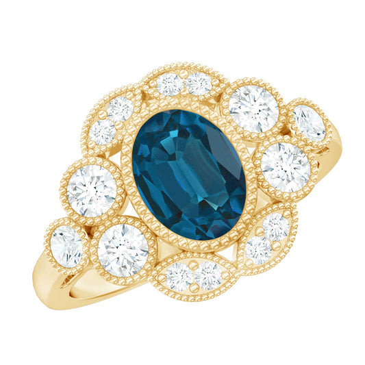 Real Oval London Blue Topaz Vintage Engagement Ring with Diamond