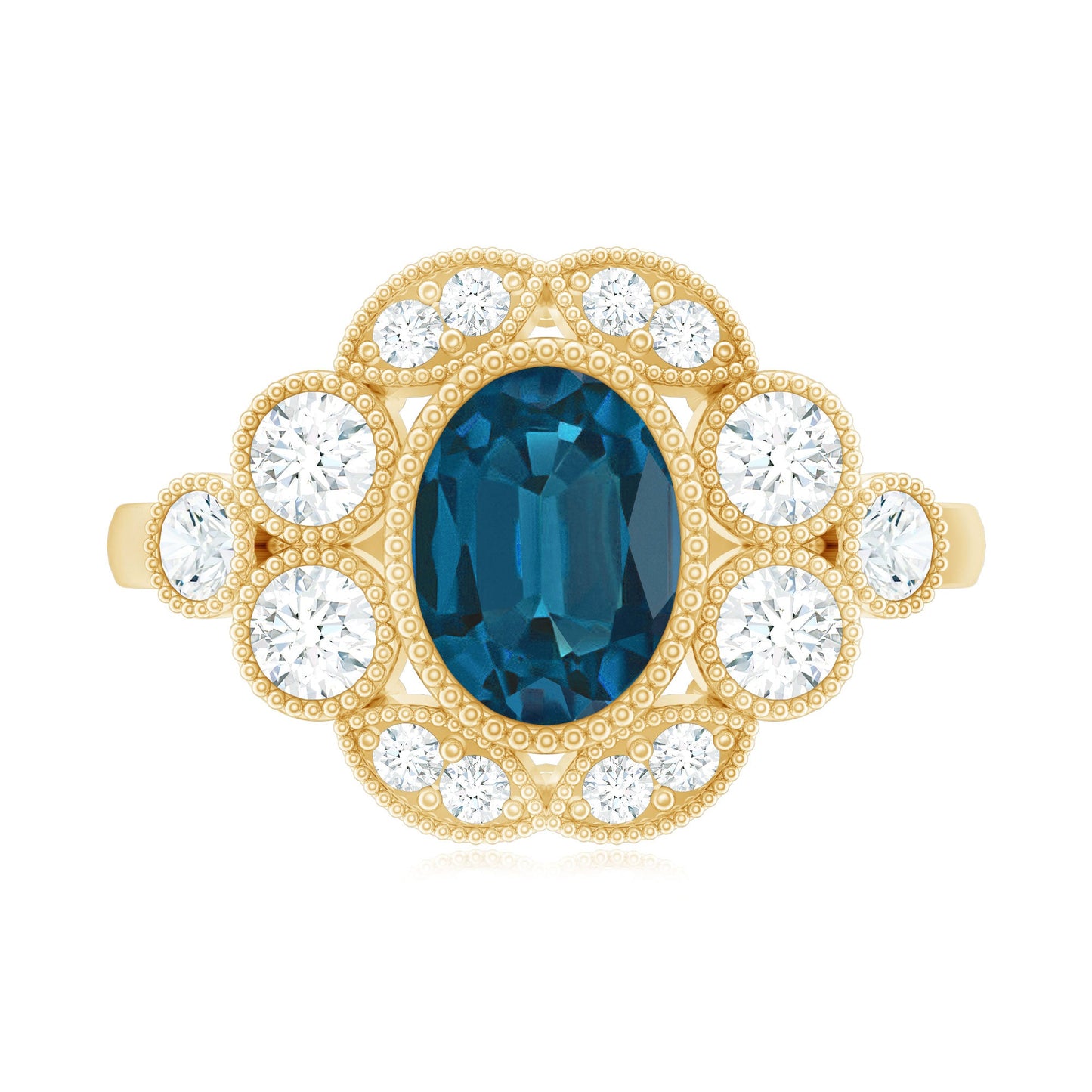 Real Oval London Blue Topaz Vintage Engagement Ring with Diamond