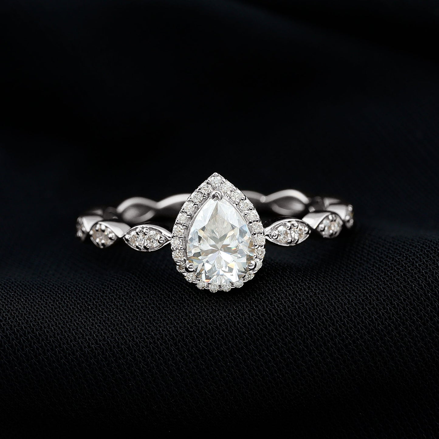 Moissanite Teardrop Engagement Ring with Scalloped Shank