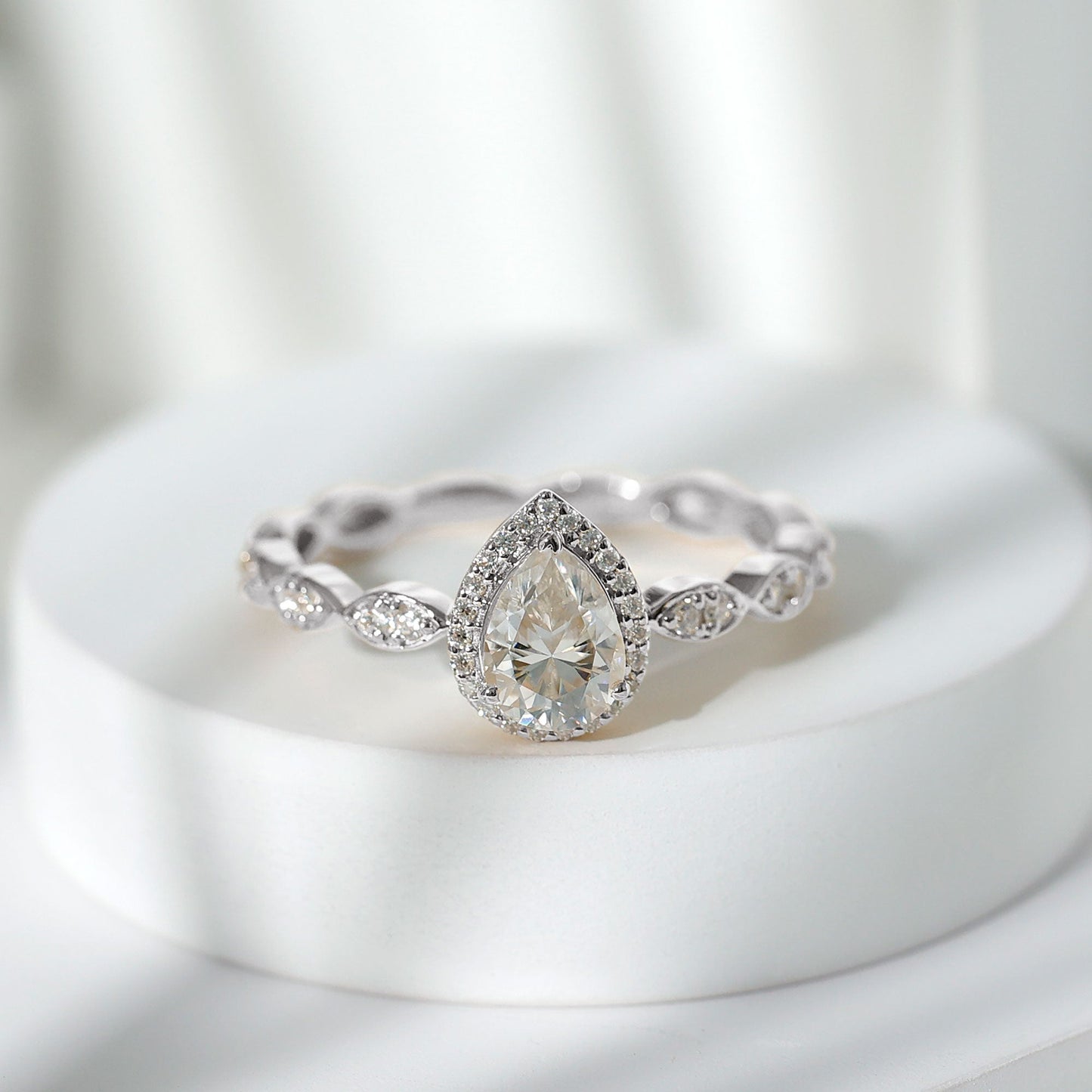 Moissanite Teardrop Engagement Ring with Scalloped Shank