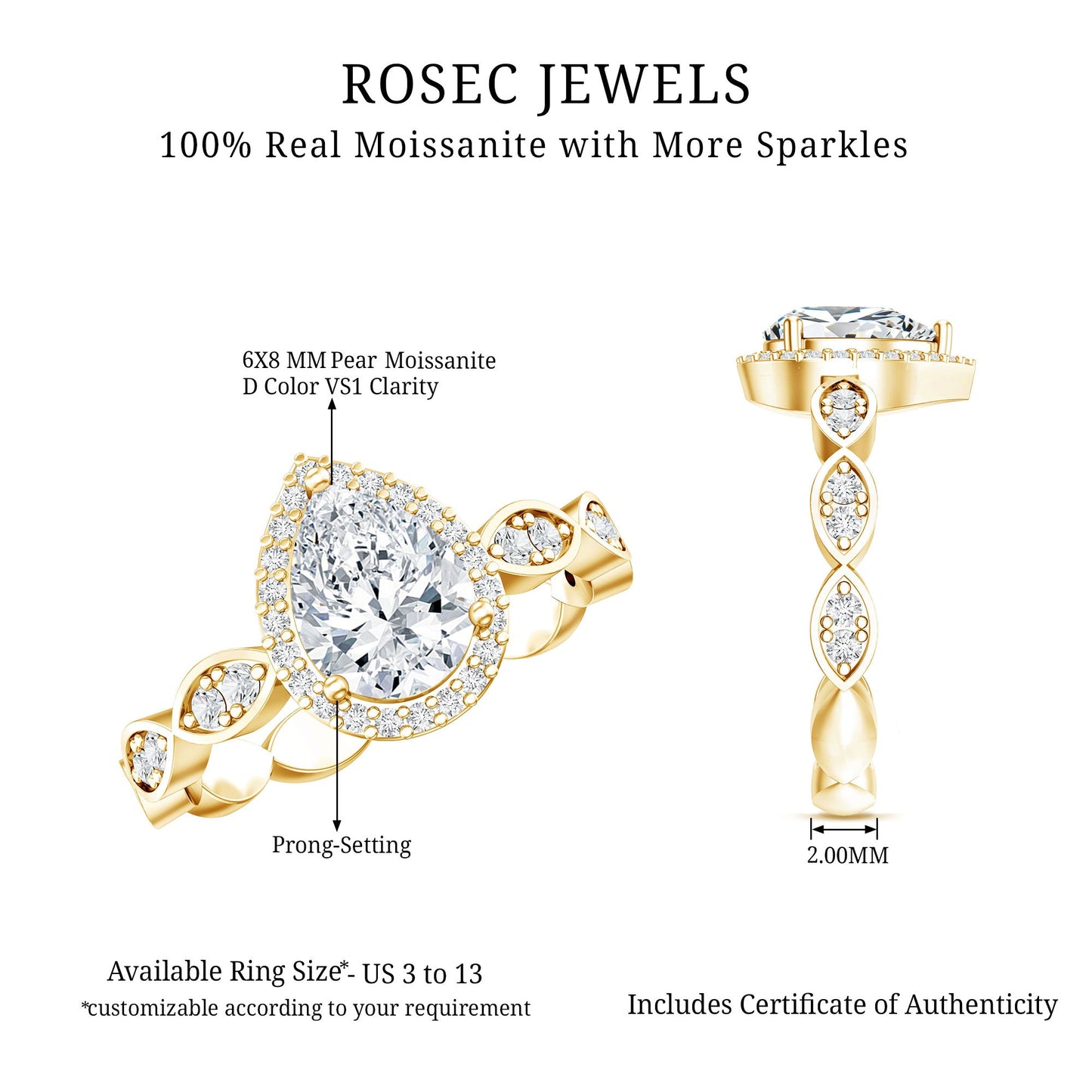 Moissanite Teardrop Engagement Ring with Scalloped Shank